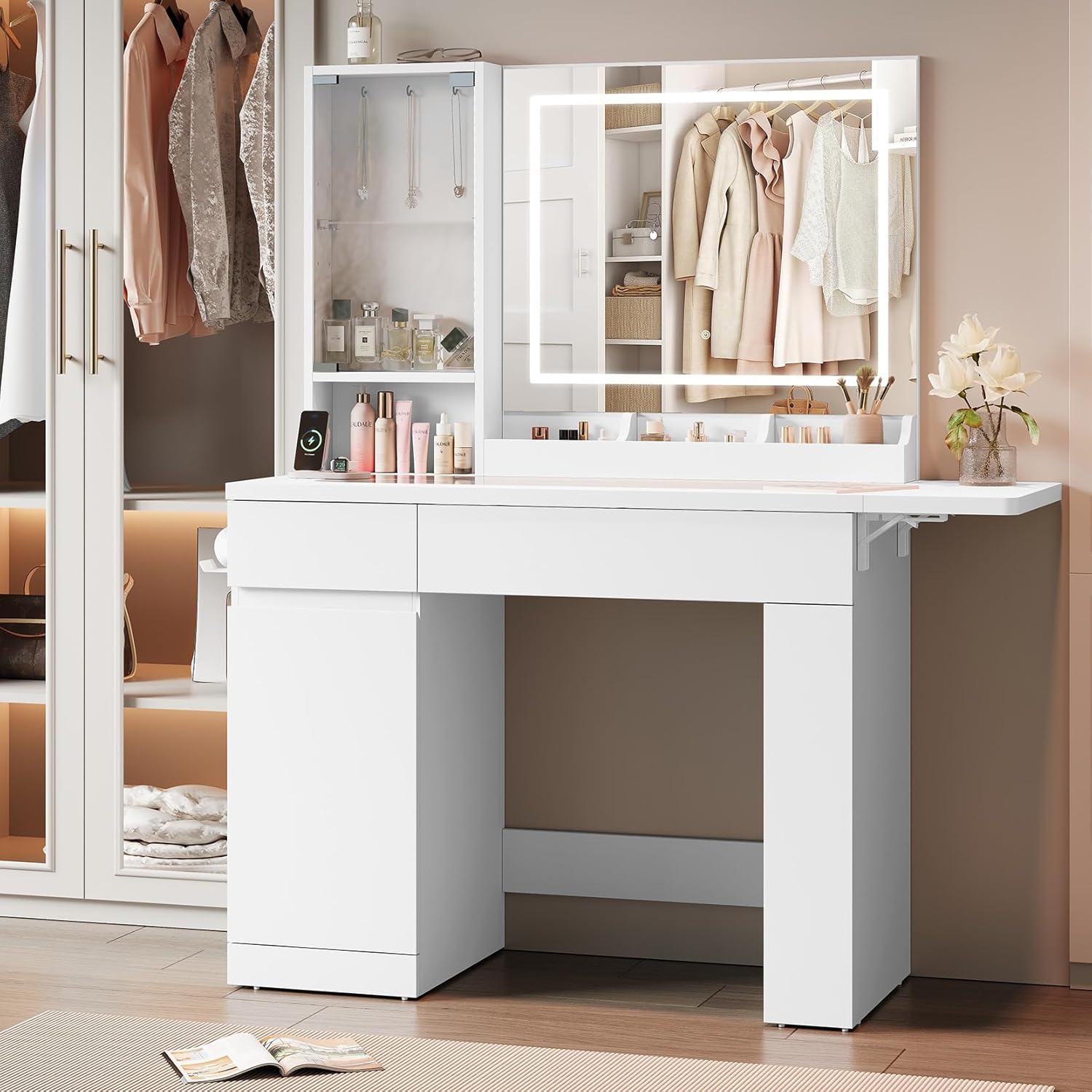 Thumbnail 5 de Dripex coiffeuse 115 cm blanche avec miroir éclairé et prises intégrées, plateau en verre