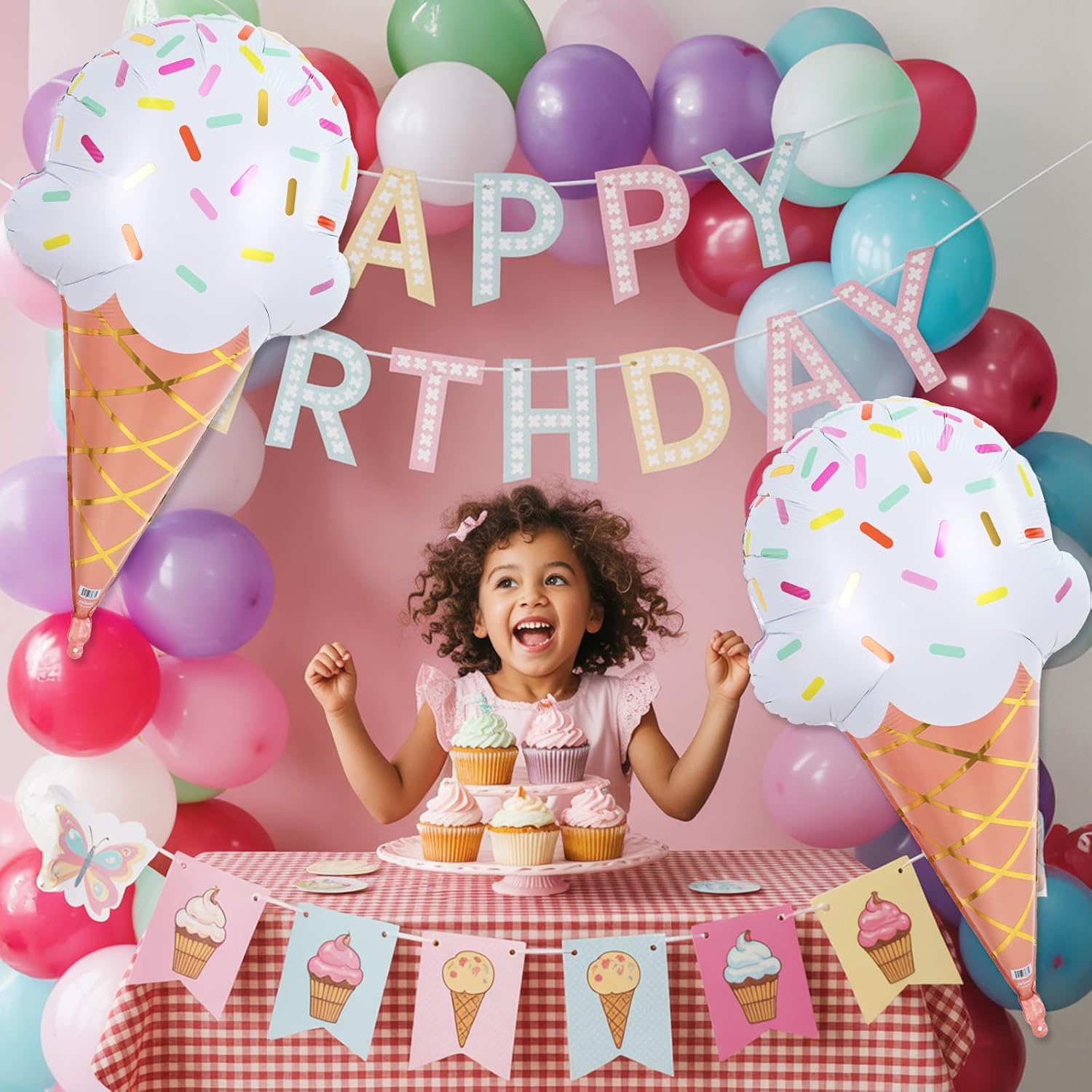Thumbnail 2 de 32 Inch Ice Cream Cone Balloon Kit: Giant Sprinkle Foil Balloons (2-Pack) for Summer Parties