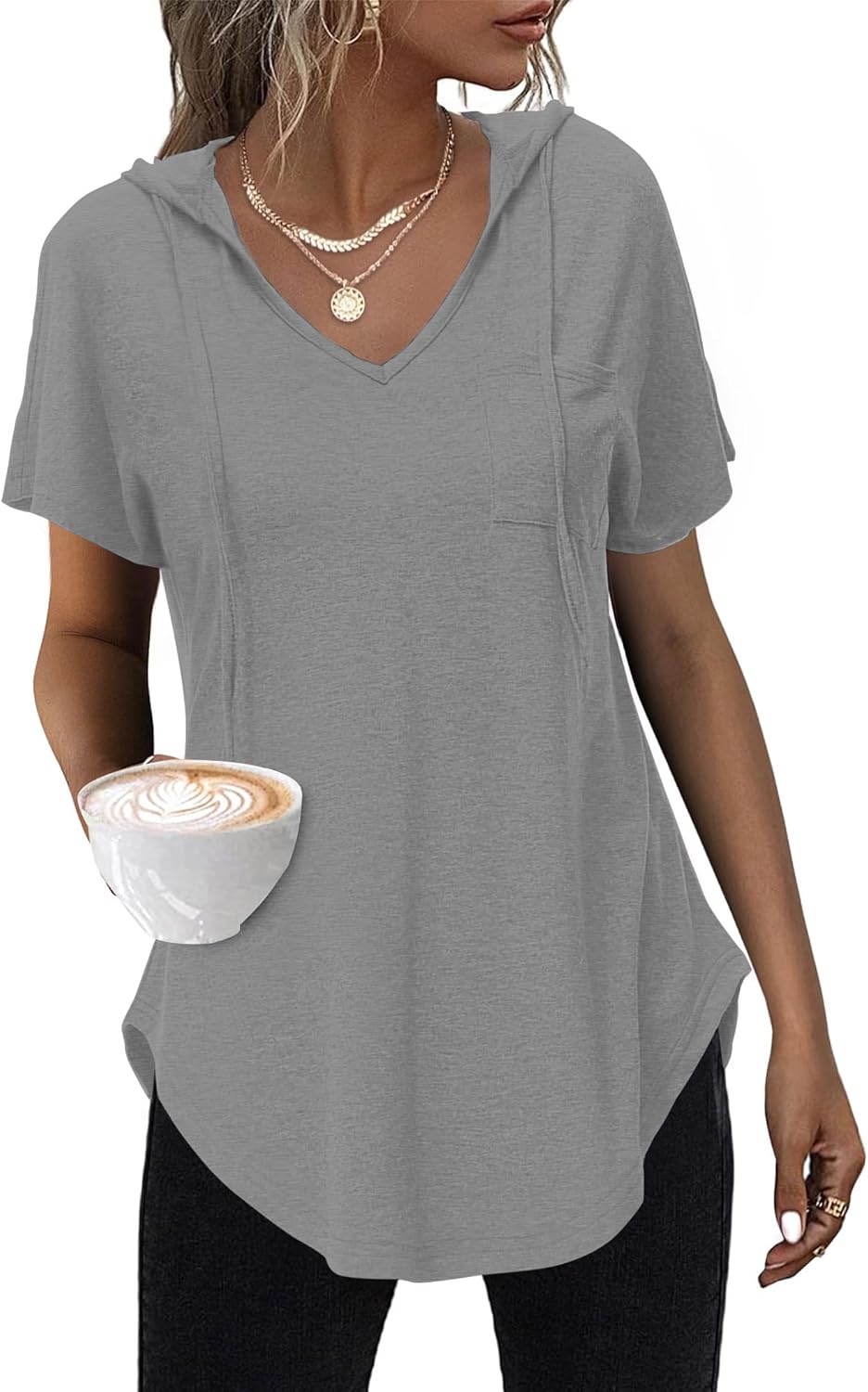 Thumbnail 6 de WNEEDU T-Shirt Donna Manica Corta con Cappuccio: felpa estiva morbida e versatile