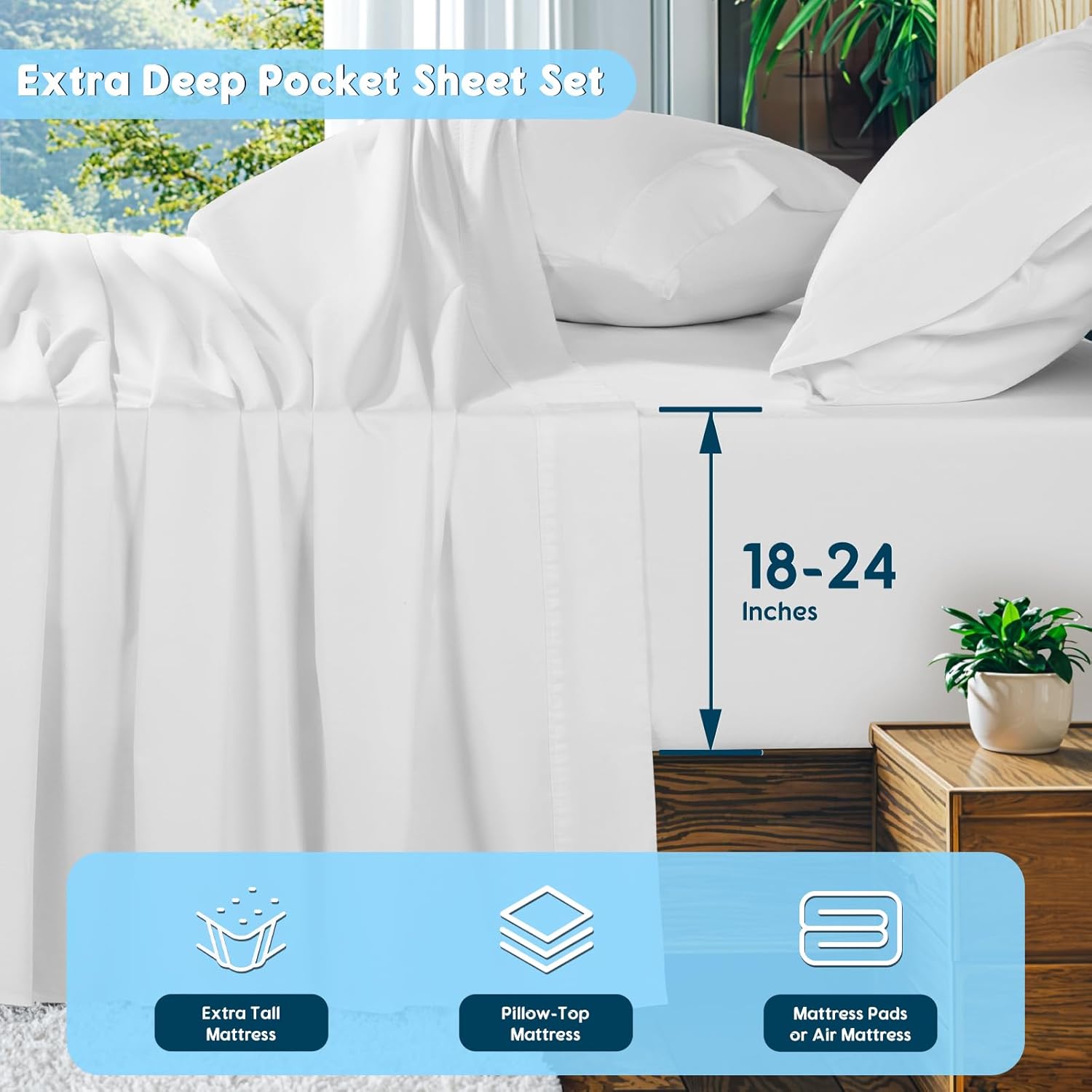 Thumbnail 1 de SONORO KATE 100% Egyptian Cotton Sheets Set, King Size – Extra Deep Pocket, 1000 Thread Count, White