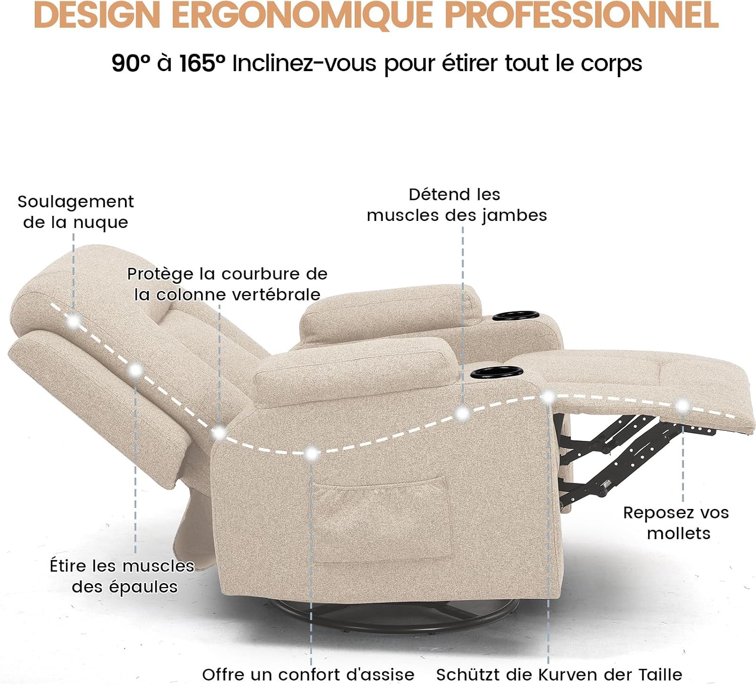 Thumbnail 3 de COMHOMA Fauteuil Relaxation en Tissu avec Inclinaison et Pivot 360° — Beige