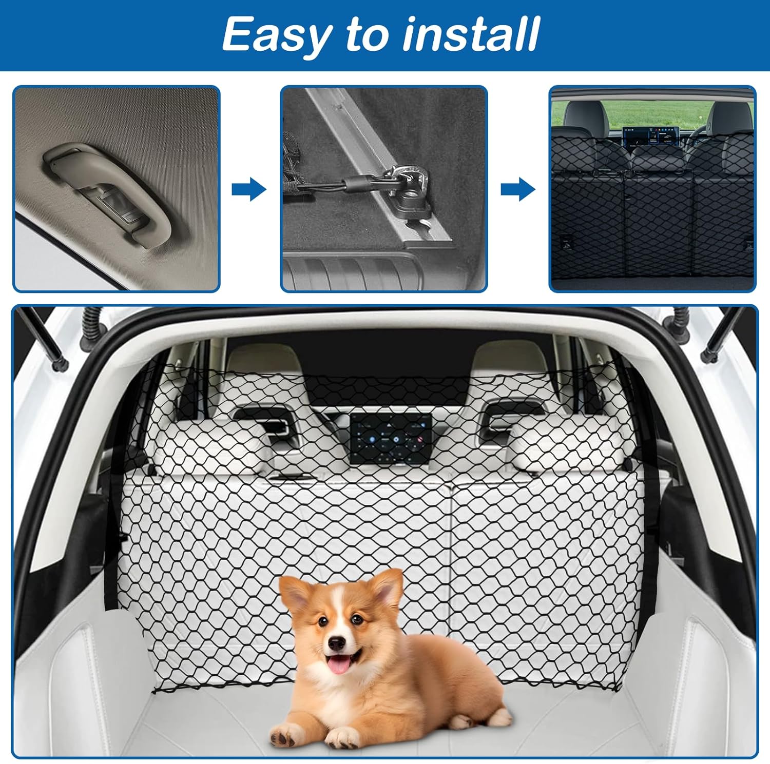 Detalle de STARROAD-TIM Trennnetz für Hunde – Auto-Hundeschutznetz 120x70 cm, Rückhaltesystem für Rücksitzbank