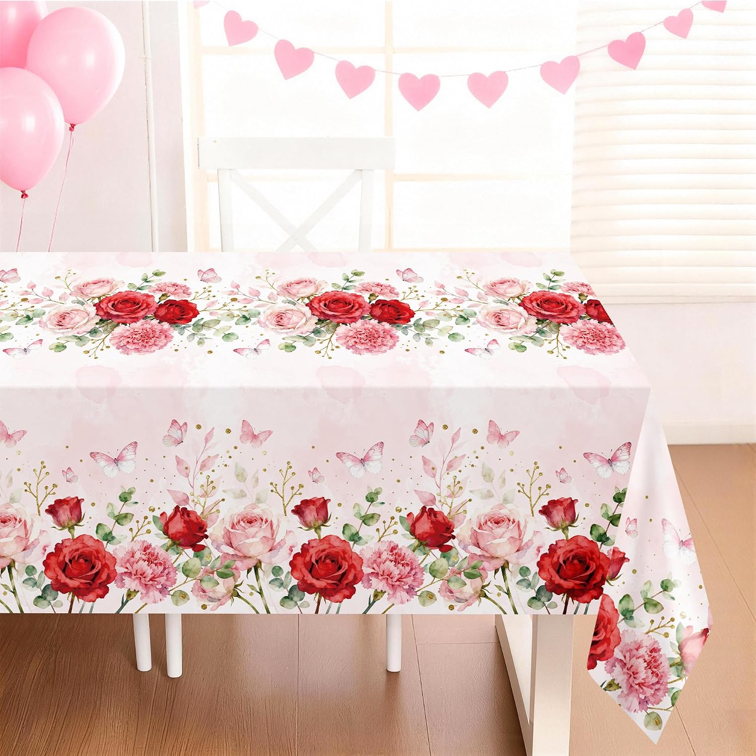 Detalle 2 de Childom 3-Pack Pink Floral Disposable Plastic Tablecloths, 54 x 108 Inches