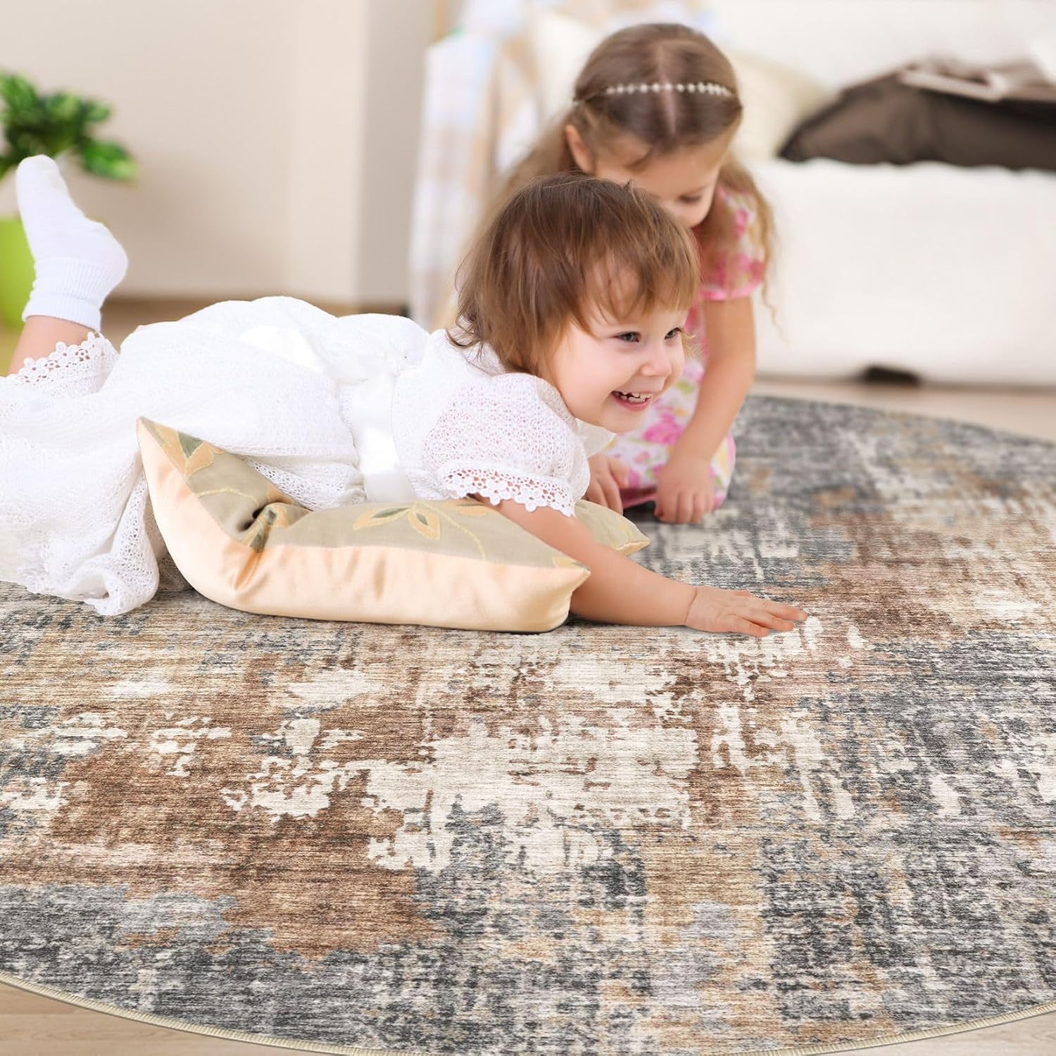 Detalle de DMOYEST 8ft Round Washable Low Pile Area Rug (Grey Brown) for Living Room, Bedroom, and Office