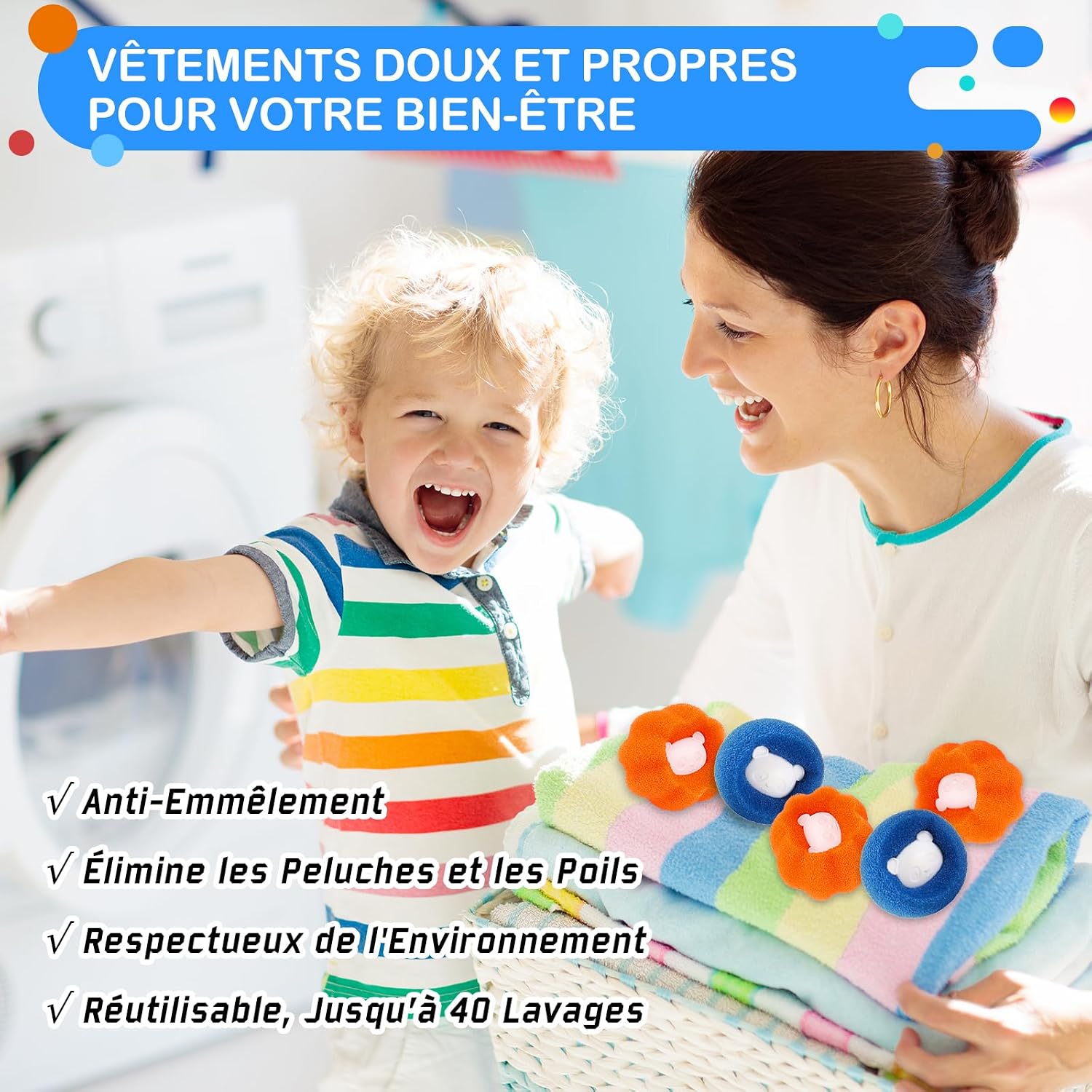 Detalle de Boule Anti Poils Machine à Laver de Yalisite – Absorbe Cheveux et Peluches, Orange+Bleu
