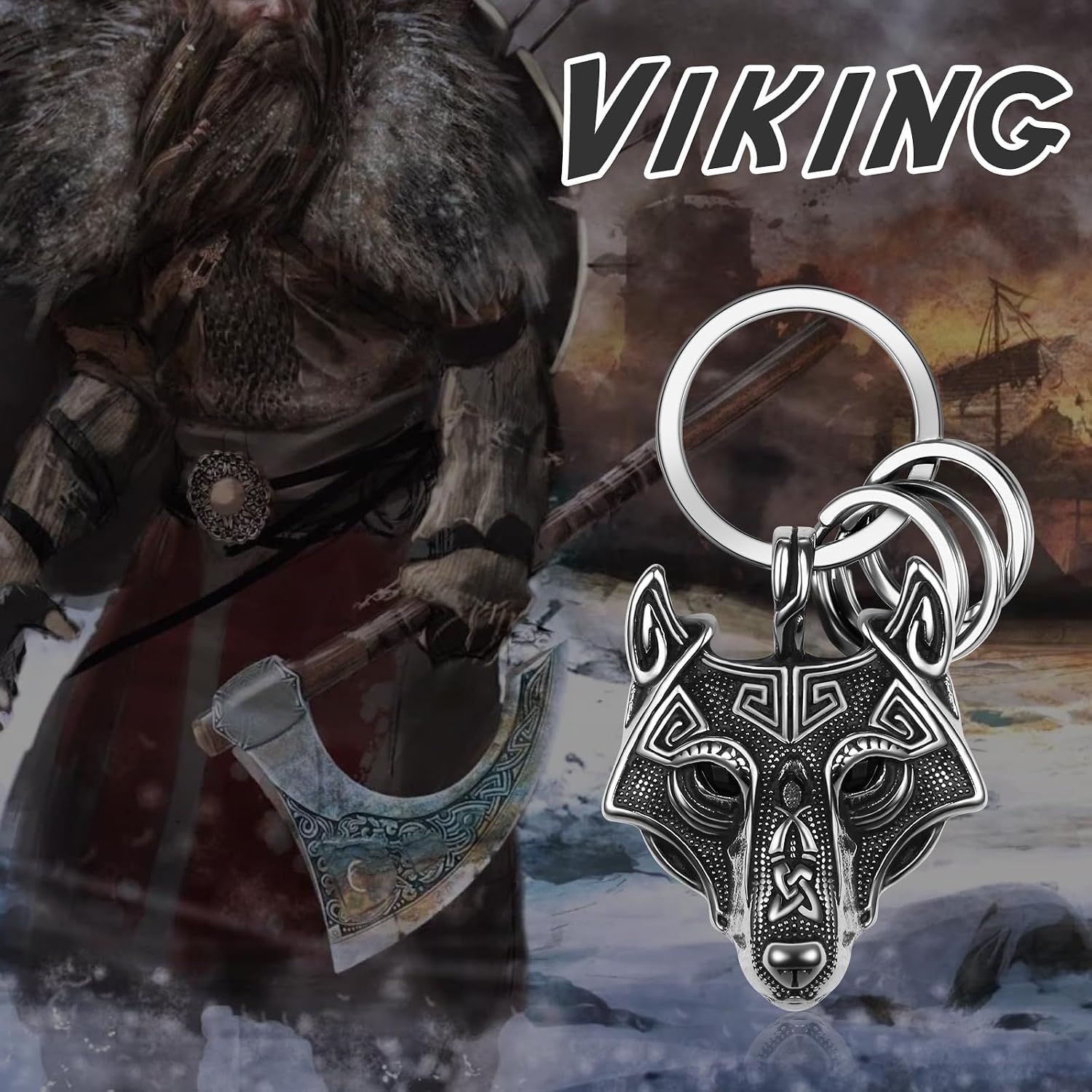 Thumbnail 3 de OIDEA Wolfskopf Schlüsselanhänger – Wikinger Schmuck aus Edelstahl mit Schlüsselring
