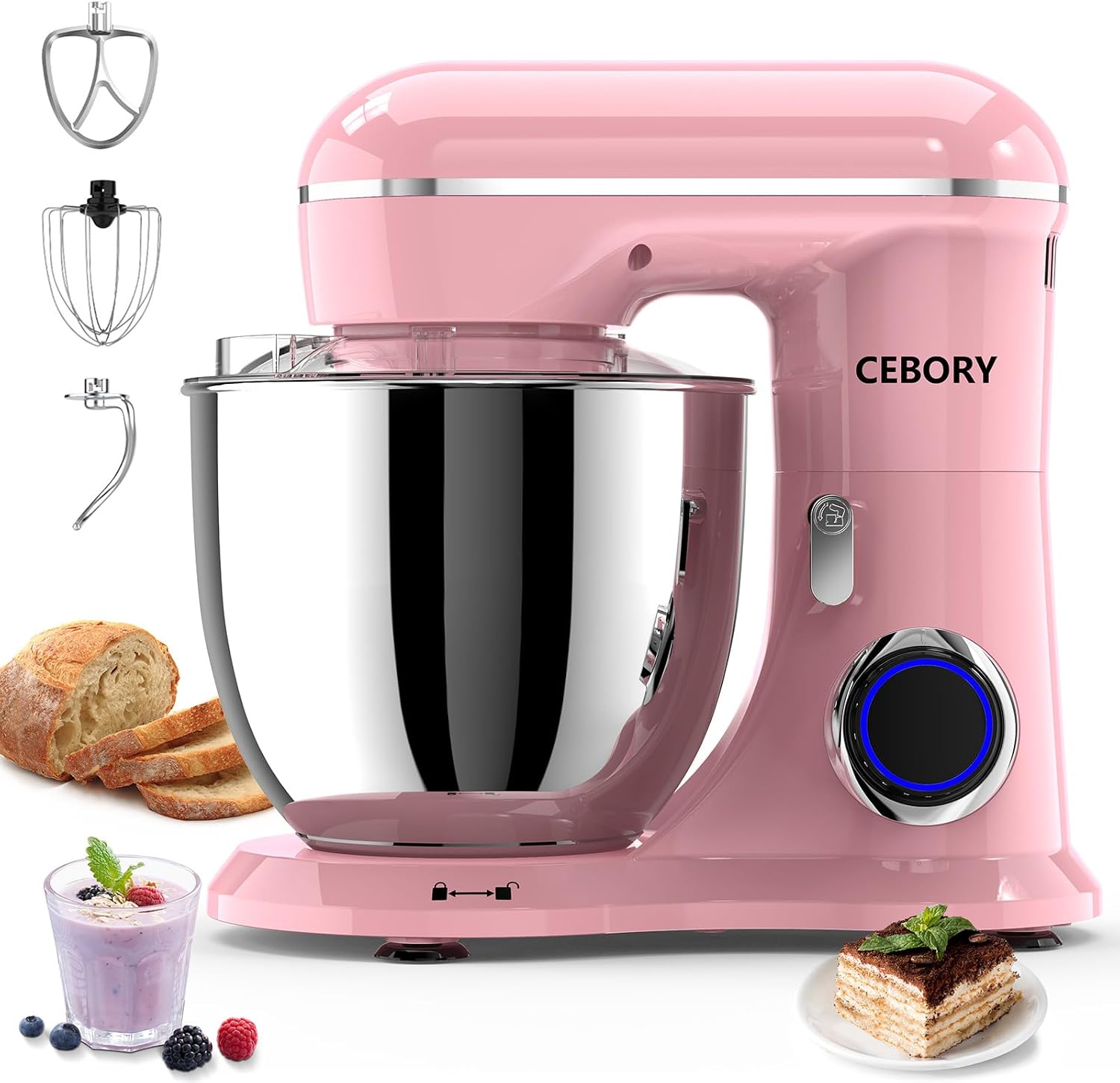 Detalle de CEBORY 3-in-1 Electric Stand Mixer: 6.5QT, 660W, 10-Speed with Dough Hook, Beater & Whisk (Pink)