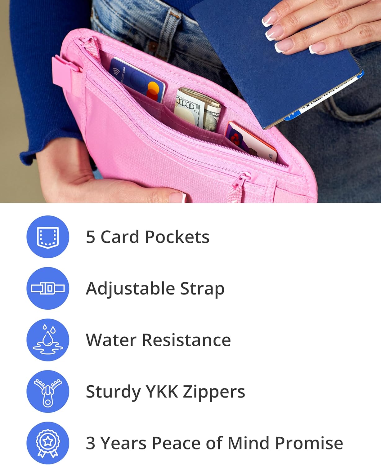 Detalle de Vantamo Bum Bag with RFID: Ultra-Thin Travel Belt Pouch for Passport, Phone and valuables