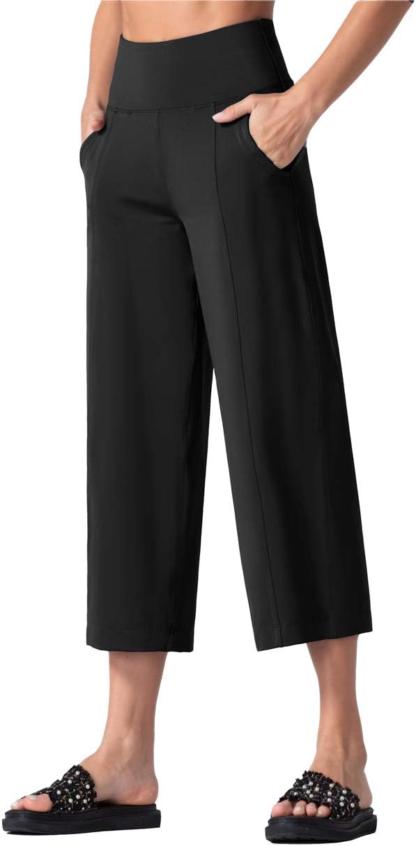 Detalle de THE GYM PEOPLE Women’s Yoga Capris 3/4 Wide-Leg Trousers with Pockets & Tummy Control