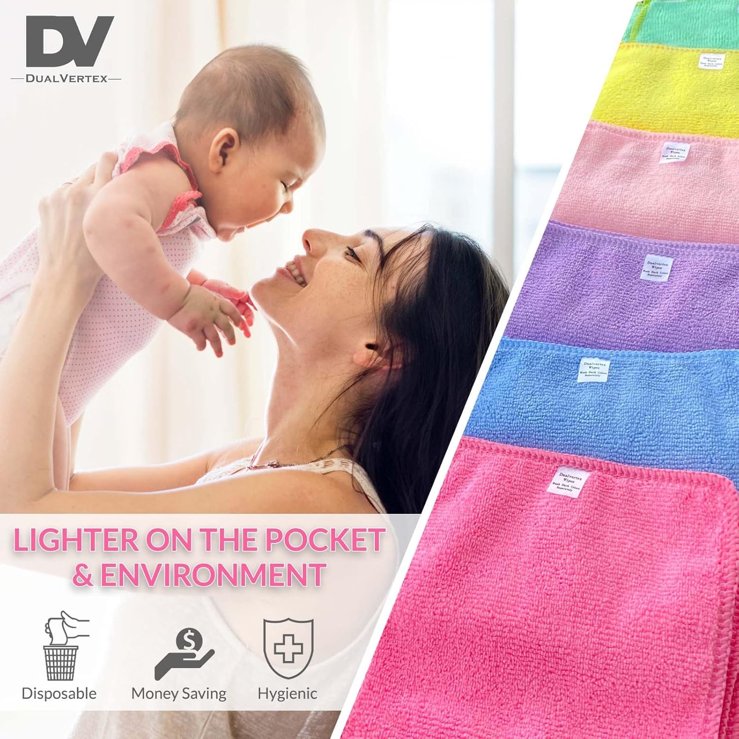 Thumbnail 1 de DualVertex 30 Reusable Microfibre Baby Wipes Face Cloths (Unscented) with Laundry Bag