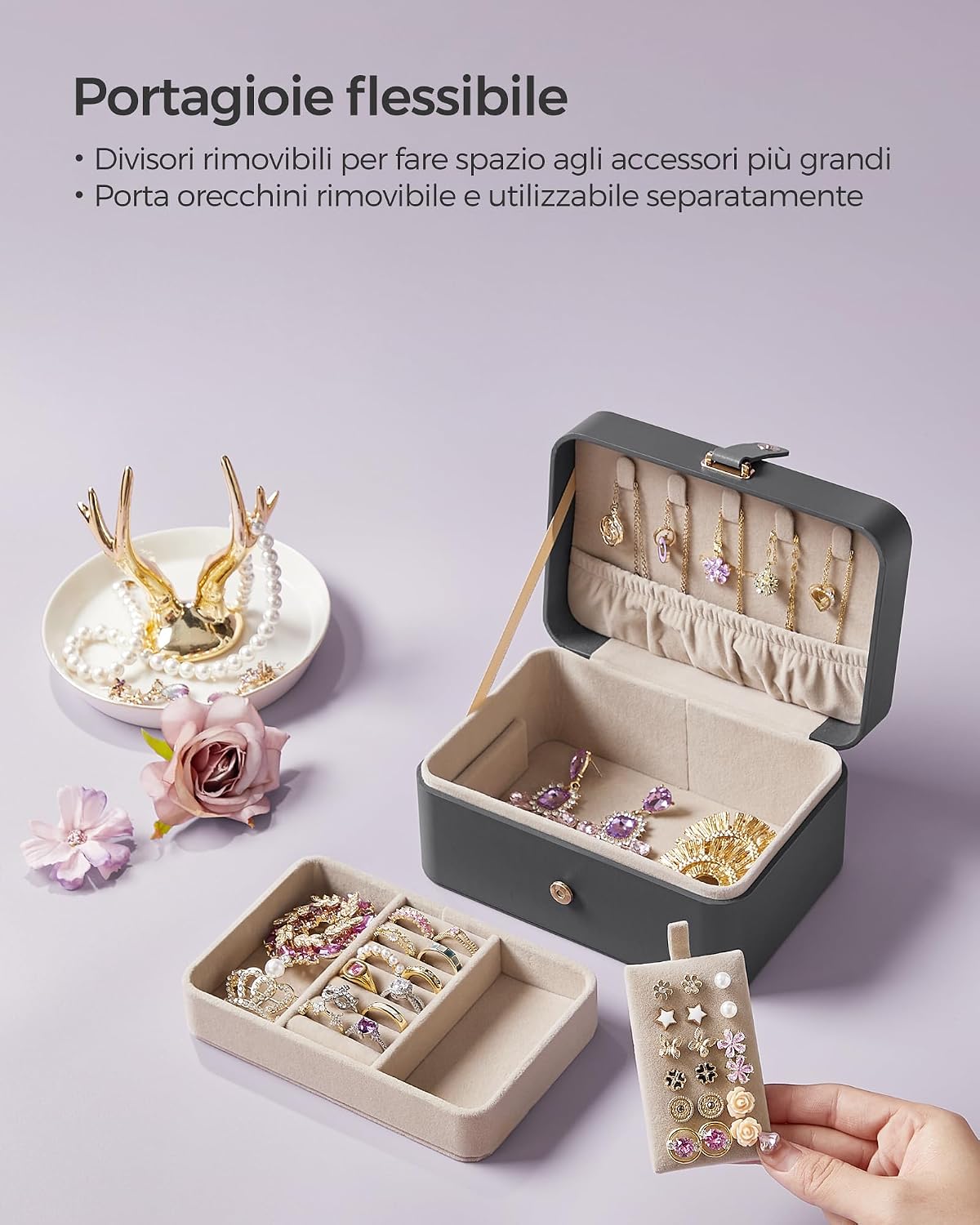 Detalle de SONGMICS GISELLA Collezione Scatola Portagioie da Viaggio 2 livelli – Grigio Ardesia (JBC166G01)