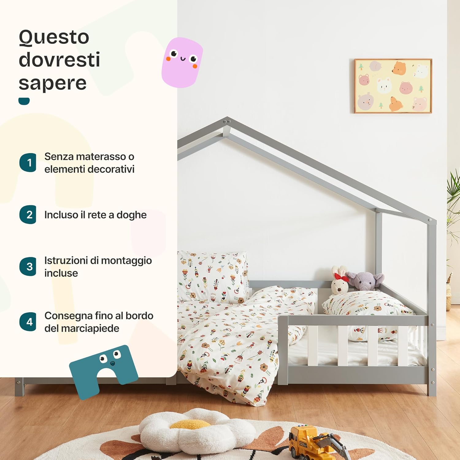 Thumbnail 6 de Letto per Cameretta a Forma di Casetta con Barriera di Protezione in Legno di Pino, 140 x 200 cm – Grigio Chiaro/Bianco