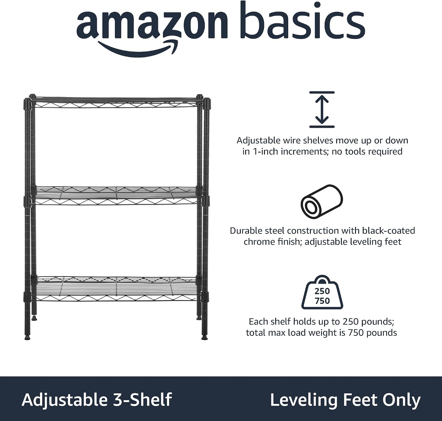 Detalle de Amazon Basics wąski regał z 3 regulowanymi półkami, czarny, udźwig 340 kg