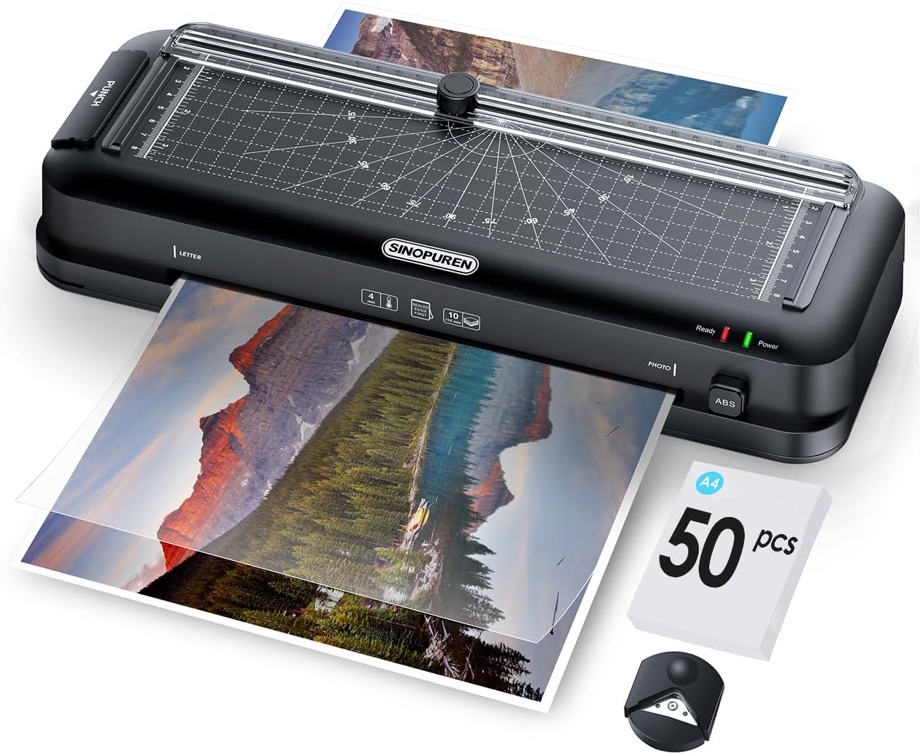 Detalle de SINOPUREN 9-Inch Laminator with Trimmer, 2-Hole Punch and 50 A4 Pouches
