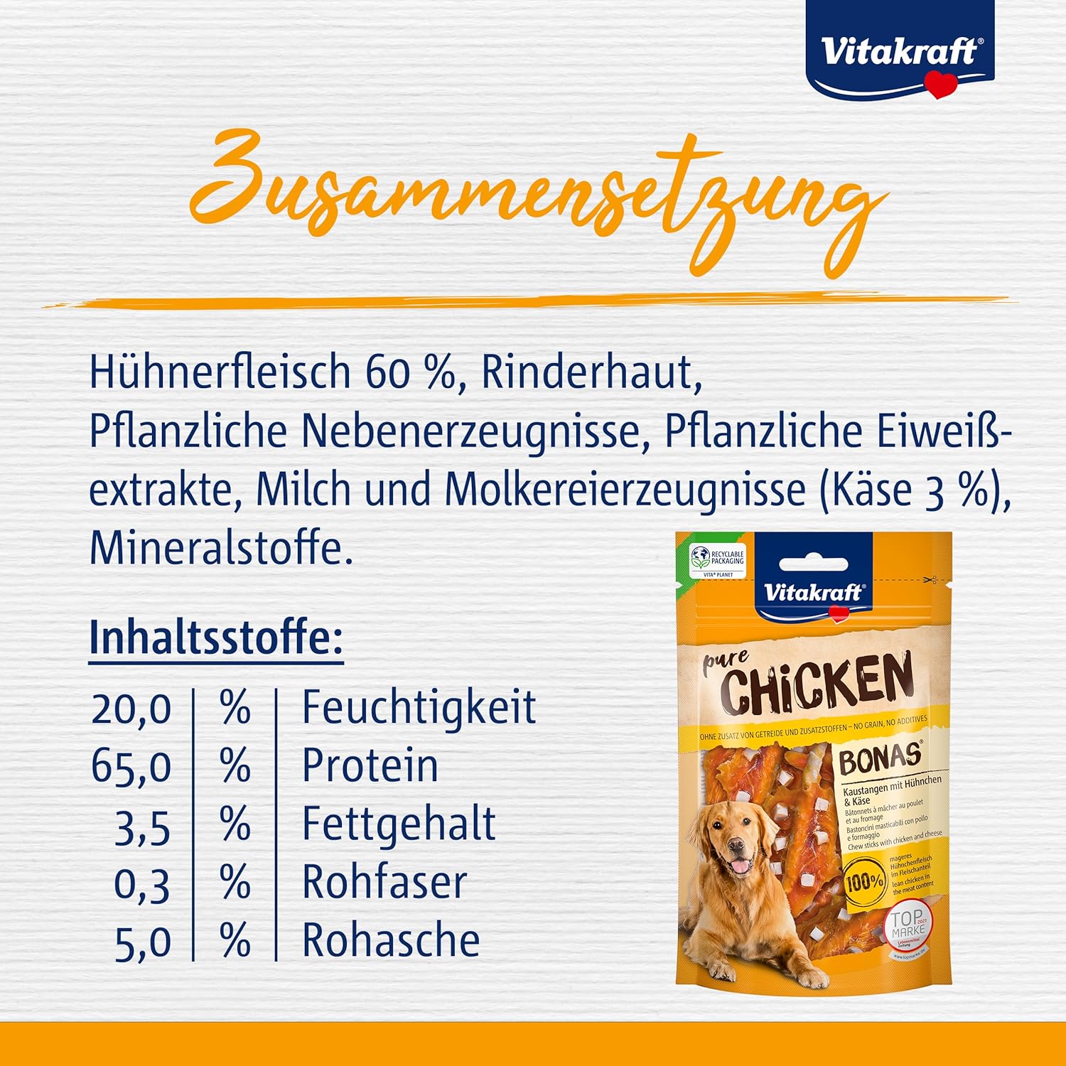 Detalle de Vitakraft Pure Chicken Bonas: snack da masticare al pollo e formaggio per addestramento cane (7x80g)