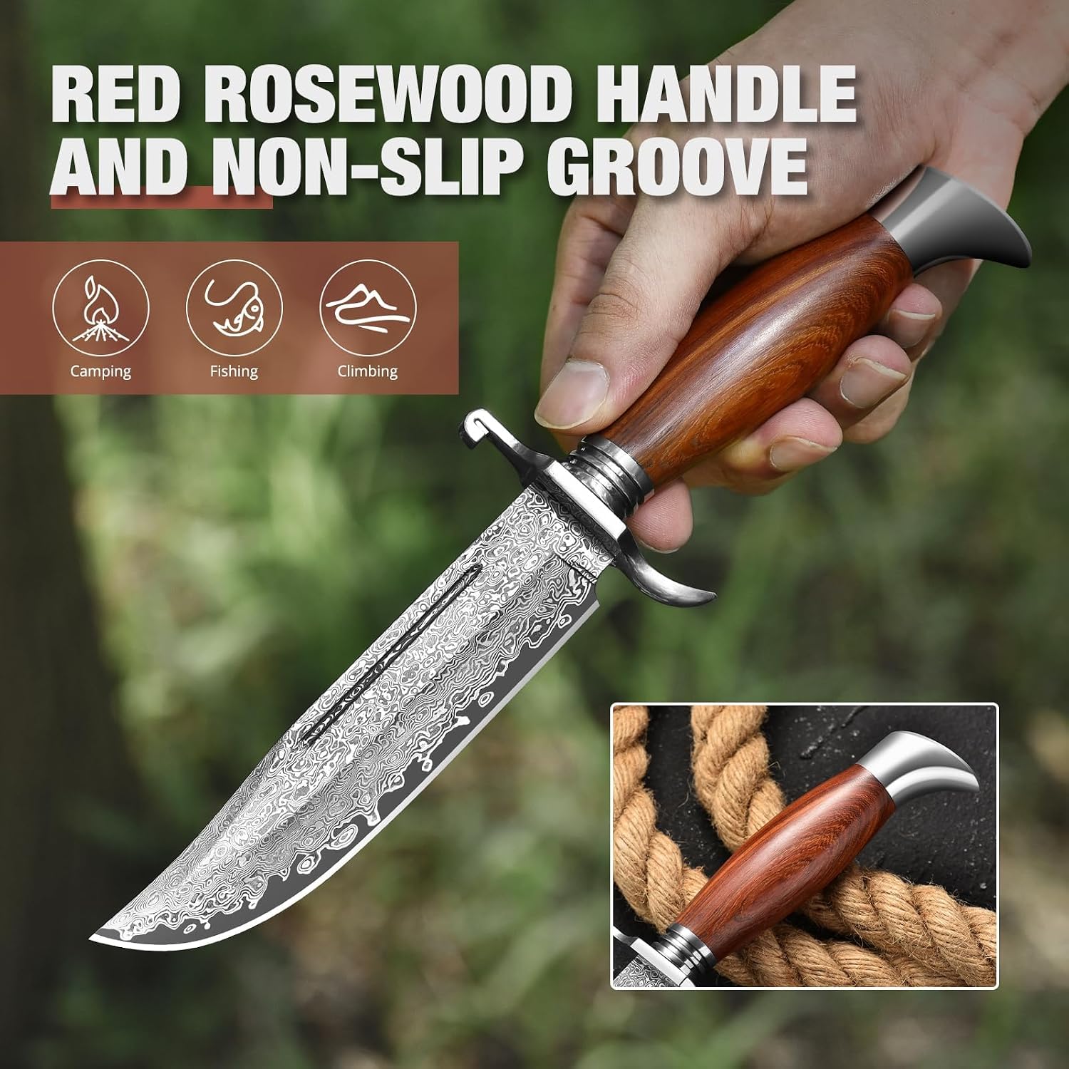 Detalle de DRACHENADER W-S-Damas Damascus Fixed-Blade Hunting Knife with Wood Handle