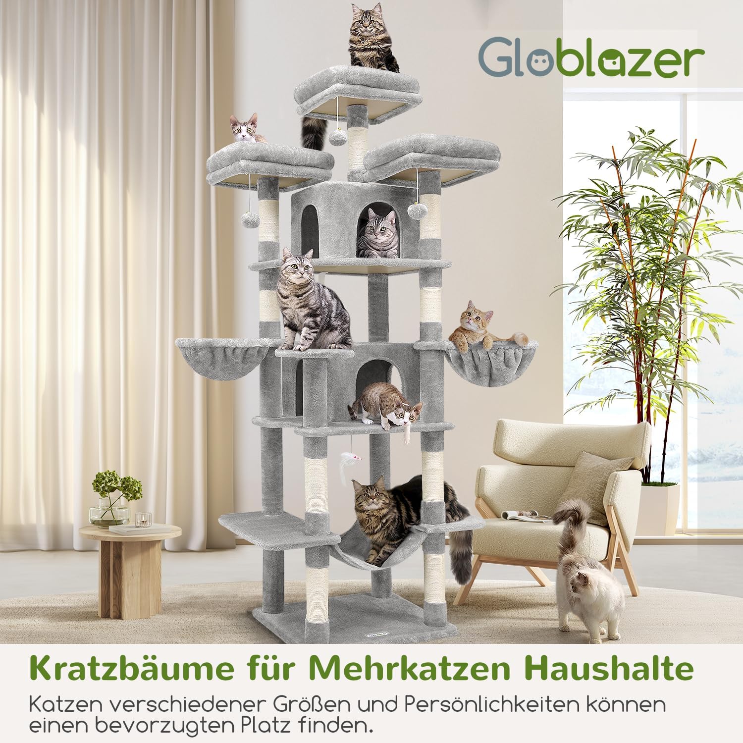 Thumbnail 6 de Globlazer Kratzbaum Große hoch 204 cm mit 3 gepolsterten Sitzstangen, 2 Katzenhäuser, 2 Körbe, Hängematte – stabiler Luxus-Kratzbaum für 3–5 Katzen