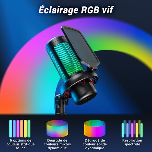 Detalle de TONOR TC310, microphone à condensateur USB RGB avec câble de 200 cm