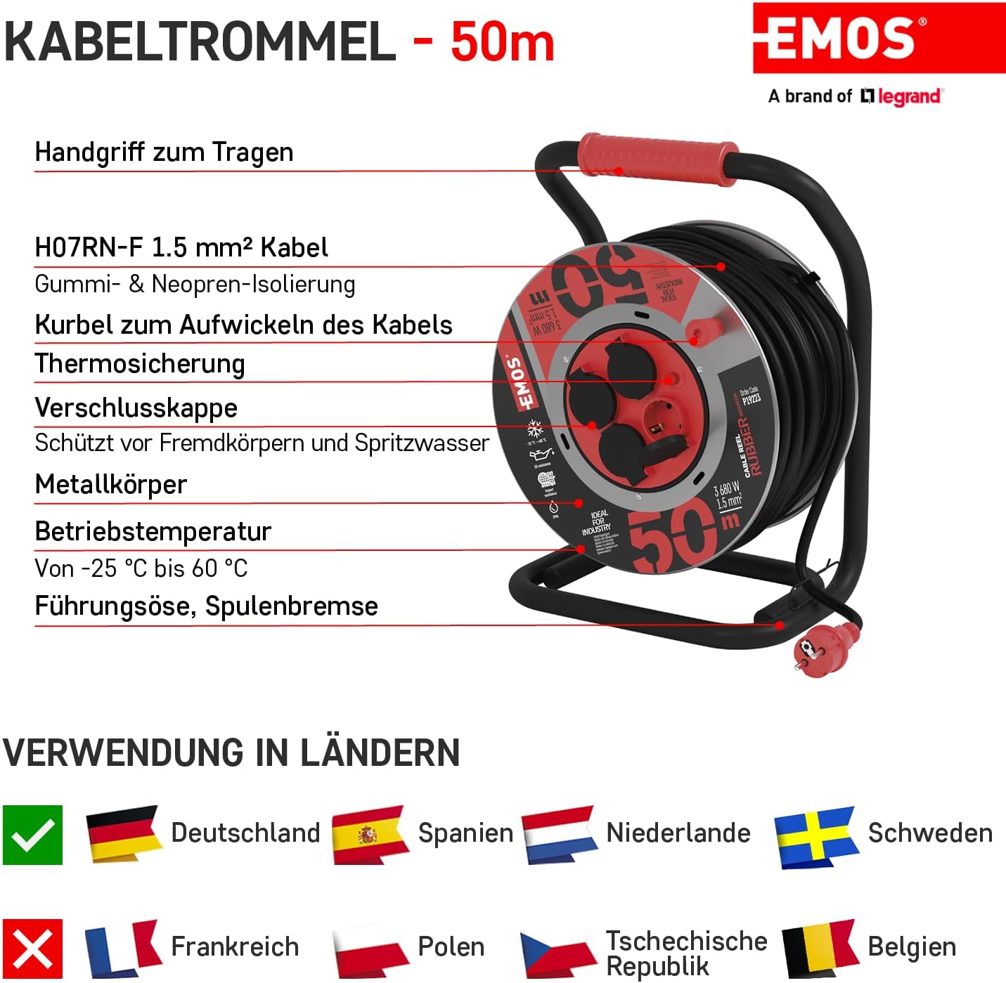 Thumbnail 2 de EMOS P19223 – bęben kablowy 50 m, stalowy, 4 gniazda Schuko, IP44