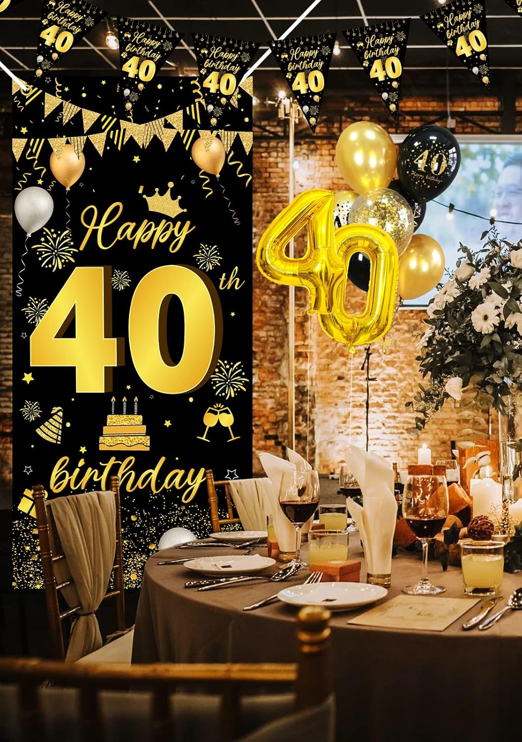 Thumbnail 4 de 40th Birthday Balloons & Decorations (Gold and Black) – Banner, Bunting, Foil Number 40 and Confetti Balloons