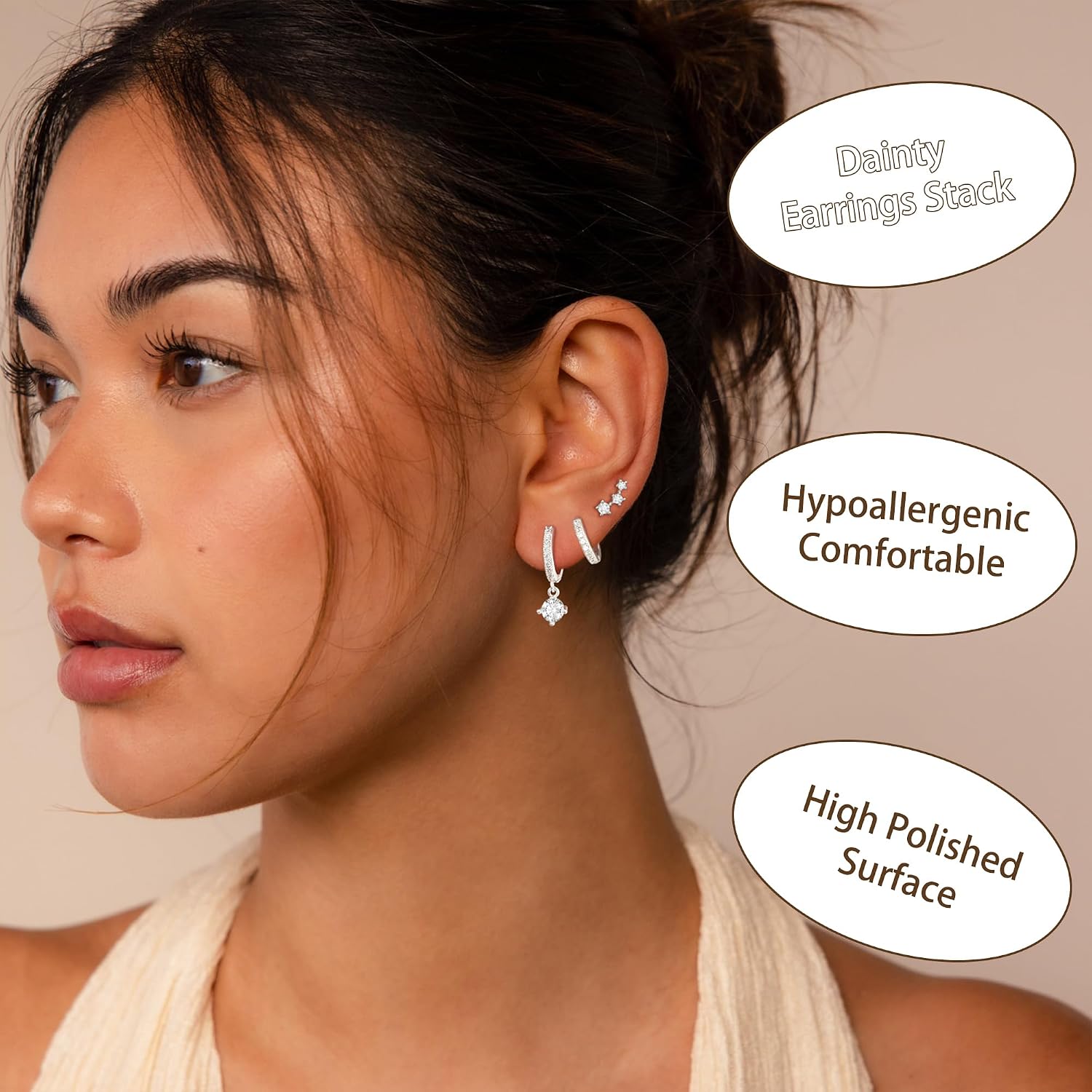 Detalle 2 de Halora Silver Earrings for Women: 8 Styles in 3-Pair Sets – 925 Sterling Silver Hypoallergenic Studs & Hoops