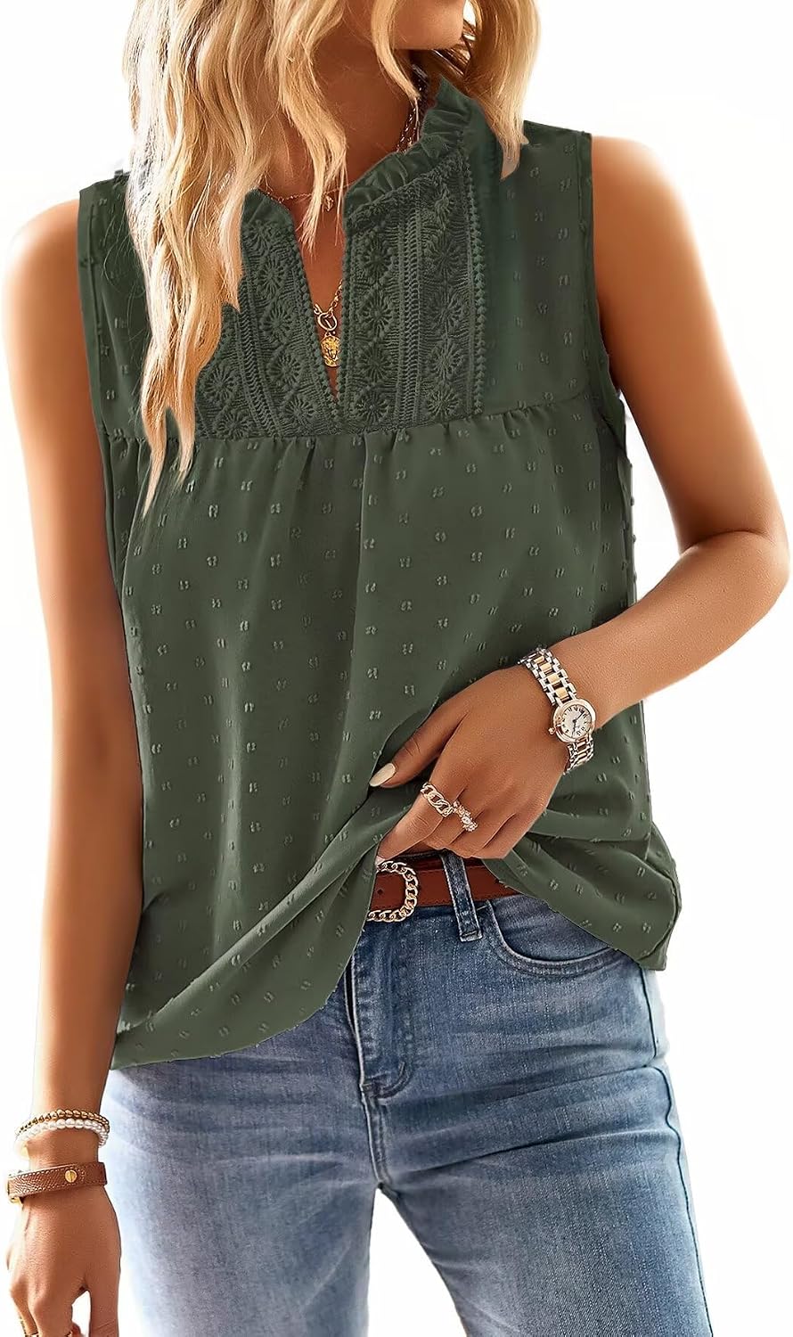 Detalle de Falechay Women's Swiss Dot Lace Babydoll Tank Top, Sleeveless V-Neck
