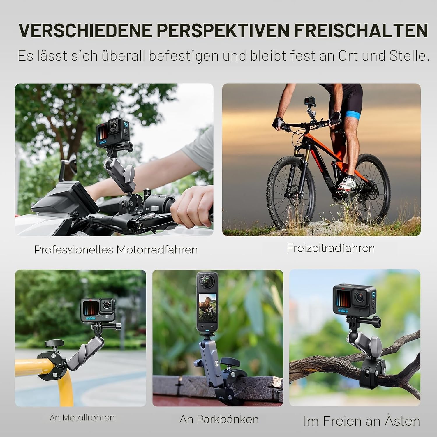Thumbnail 6 de REYGEAK Kamerahalterung: 360°-Dual-Kugelkopf, 1/4-Zoll-Schrauben, Fahrradlenkerhalterung mit Doppelklaue für GoPro Max/Hero 13–9