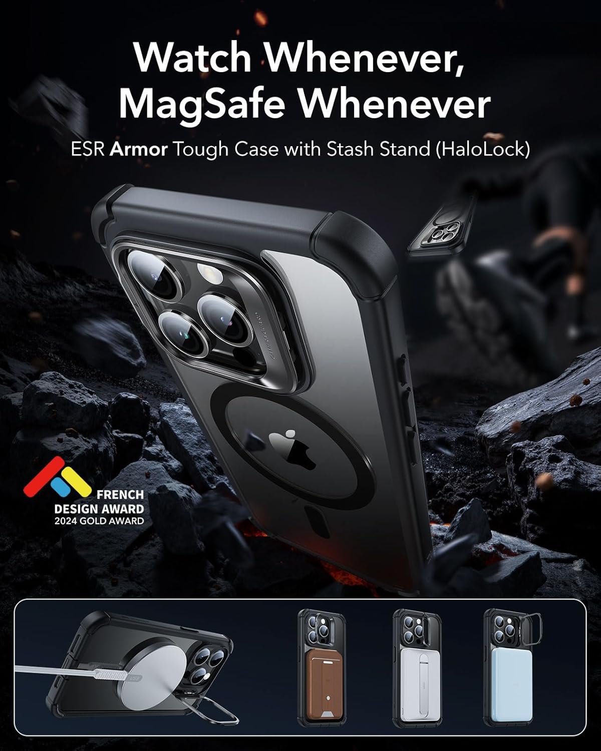 Thumbnail 1 de ESR Armor Series iPhone 14 Pro Max Case with Stand + Built-In Tempered Glass Screen Protector (MagSafe Compatible) — Clear Black