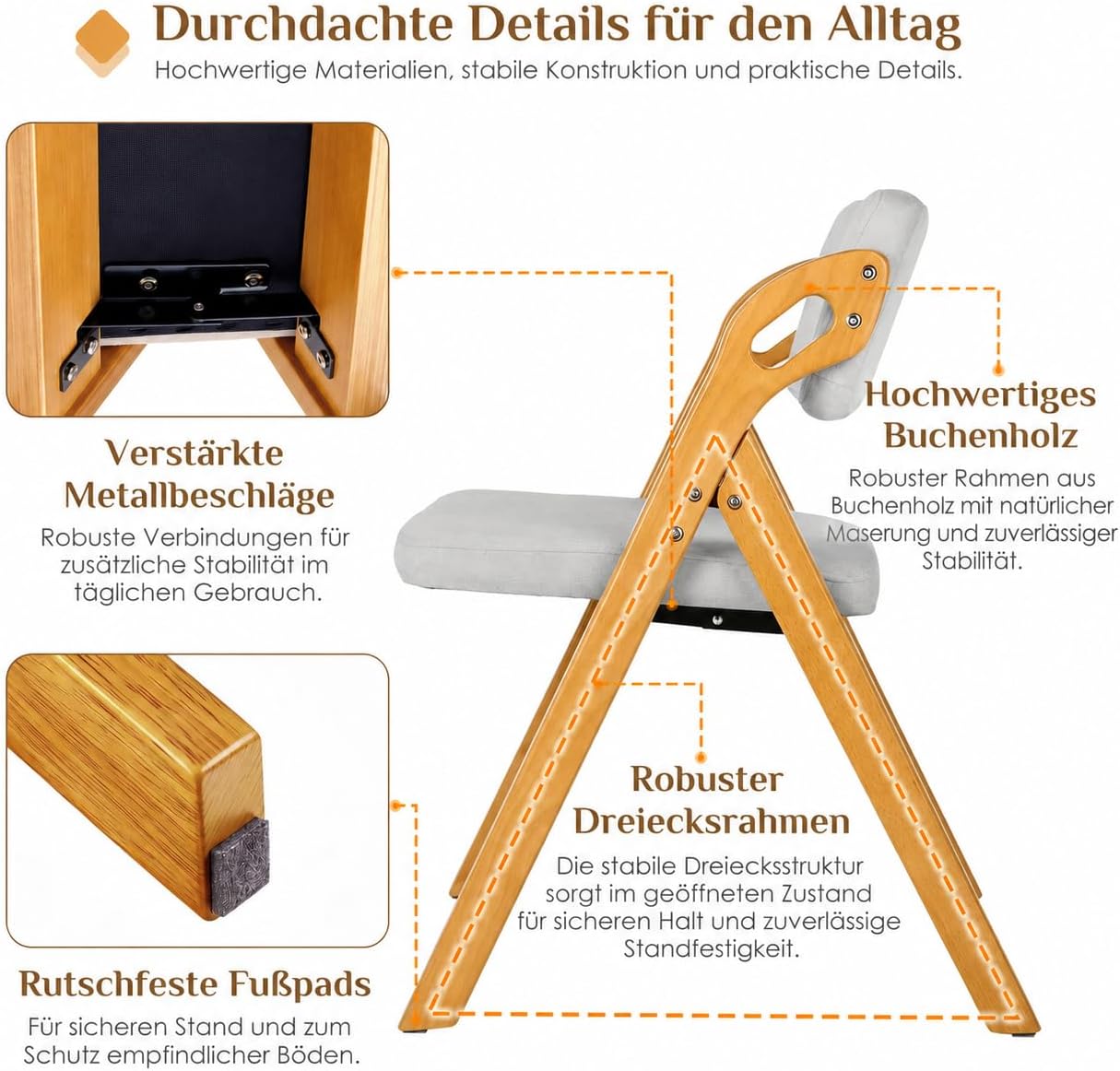 Thumbnail 6 de Clevich LJ-562 set van 2 opvouwbare stoelen, beukenhout en grijs badstof