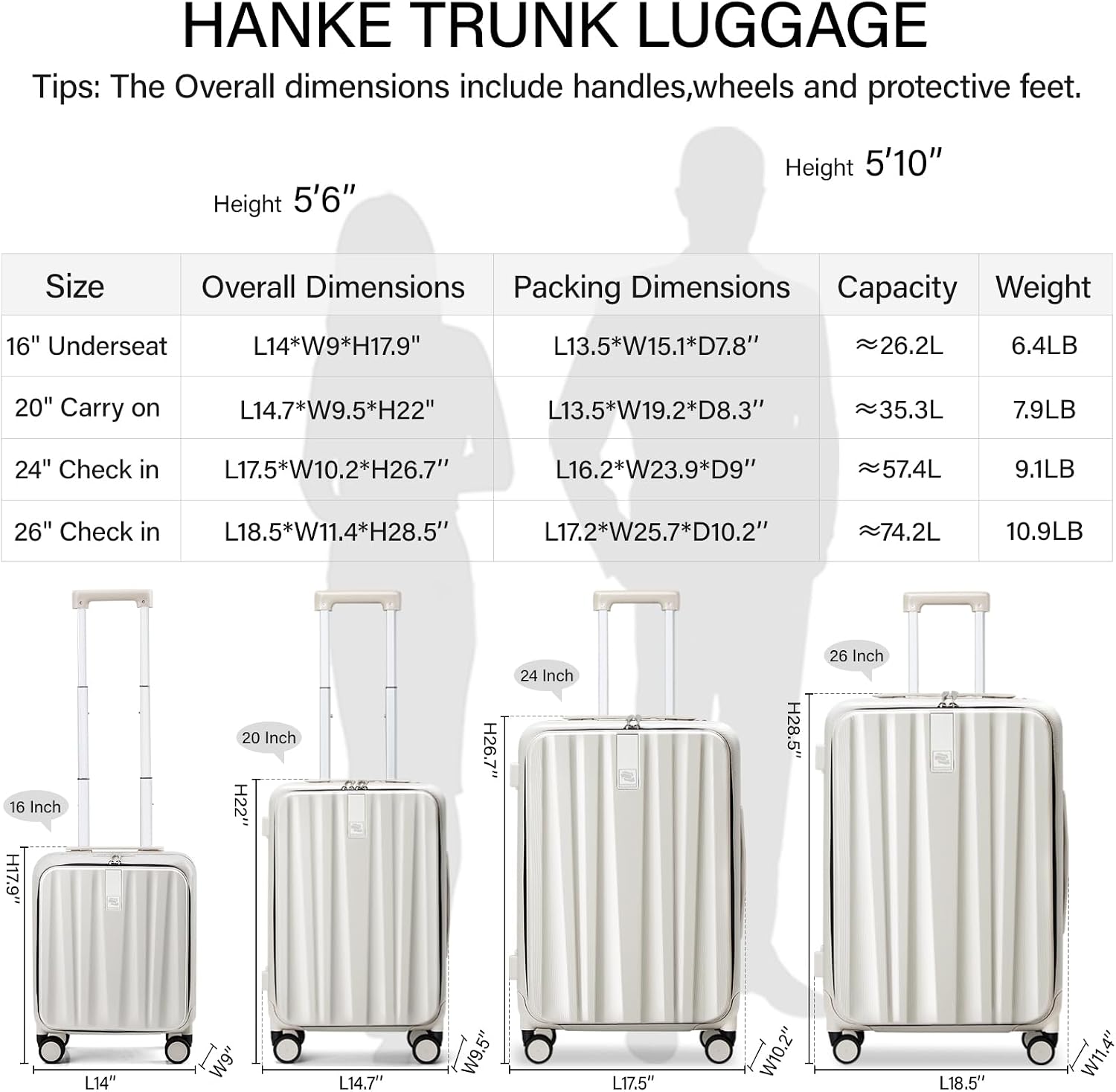 Detalle de Hanke underseat suitcase 16 inch front opening hard shell with lock and dual spinner wheels (Ivory White)