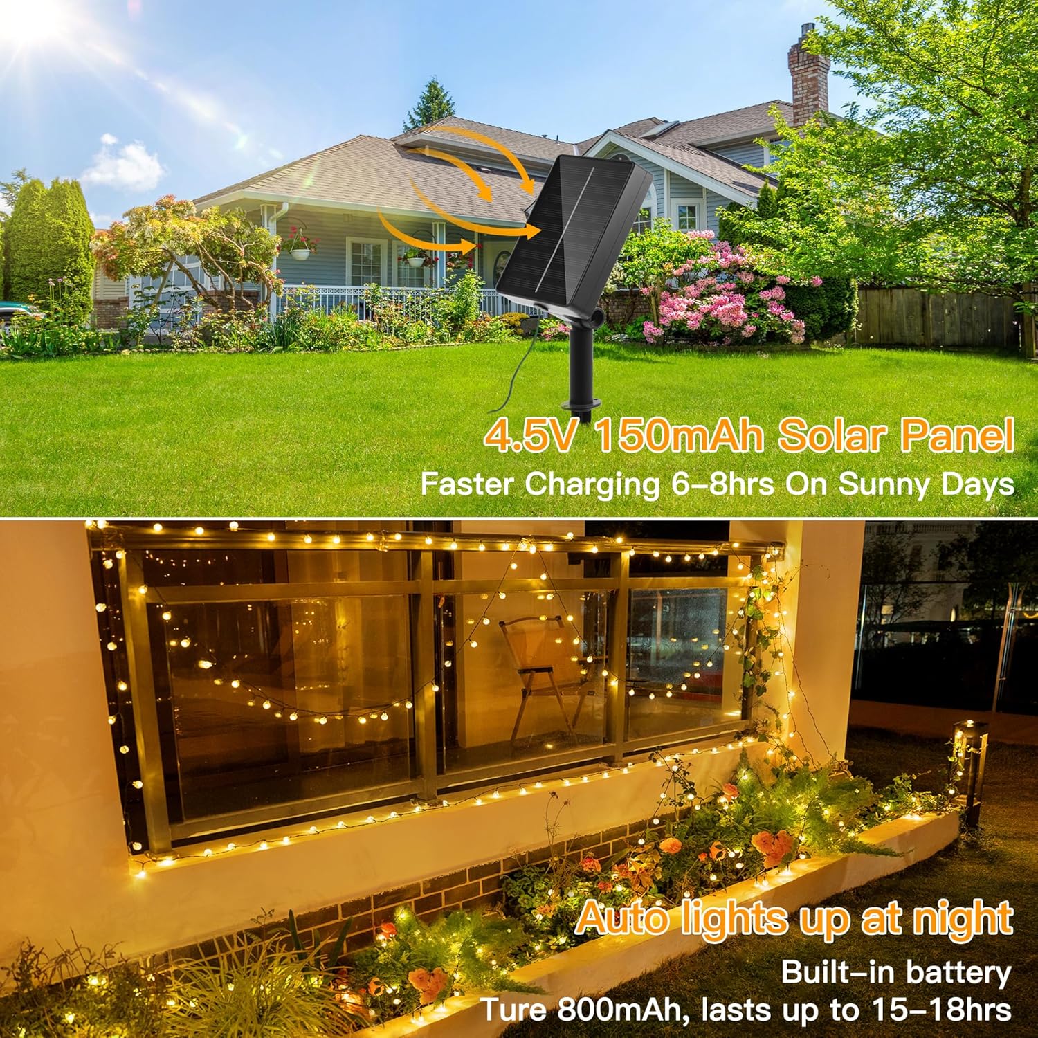 Thumbnail 3 de Ollny Solar Lights Outdoor Garden 12m 100 LED Crystal Ball Fairy Lights (Warm White) – IP65/IP44, 8 Modes