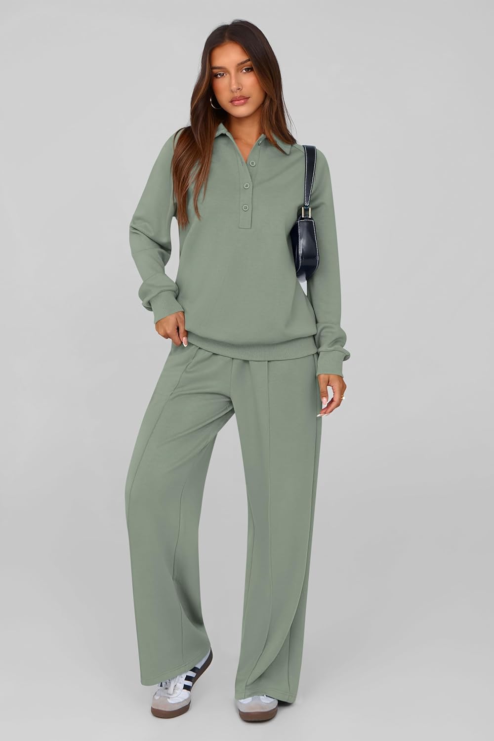Thumbnail 3 de PRETTYGARDEN Women Fall 2 Piece Outfits: Quarter Button Sweatshirt + Wide Leg Pants Travel Lounge Set