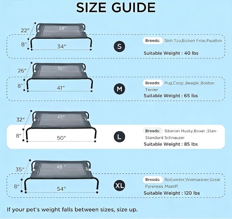Detalle de SIEMOUR 50" x 32" x 8" Elevated Dog Bed, Cooling Mesh Cot, Grey