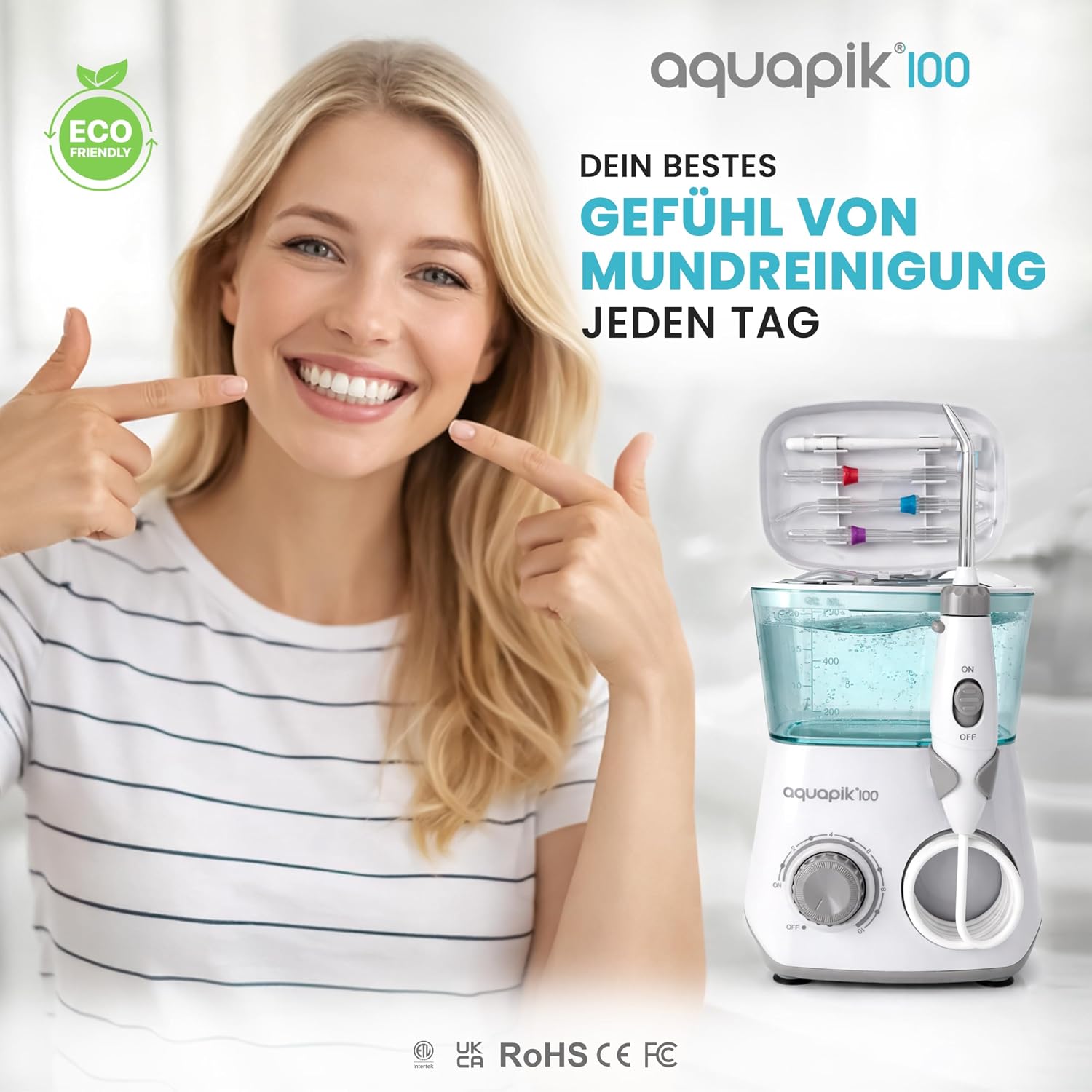 Thumbnail 2 de Aquapik 100: Professionelle Munddusche mit 600 ml Wassertank, 10 Druckstufen und 8 Aufsätzen