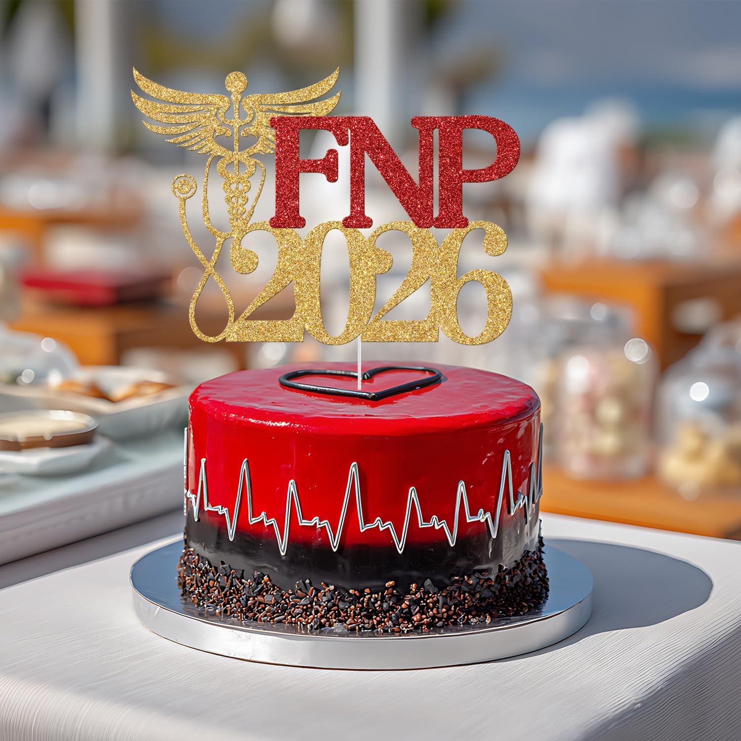 Detalle de Yotawebery FNP 2026 Graduation Cake Topper, Gold and Red Glitter
