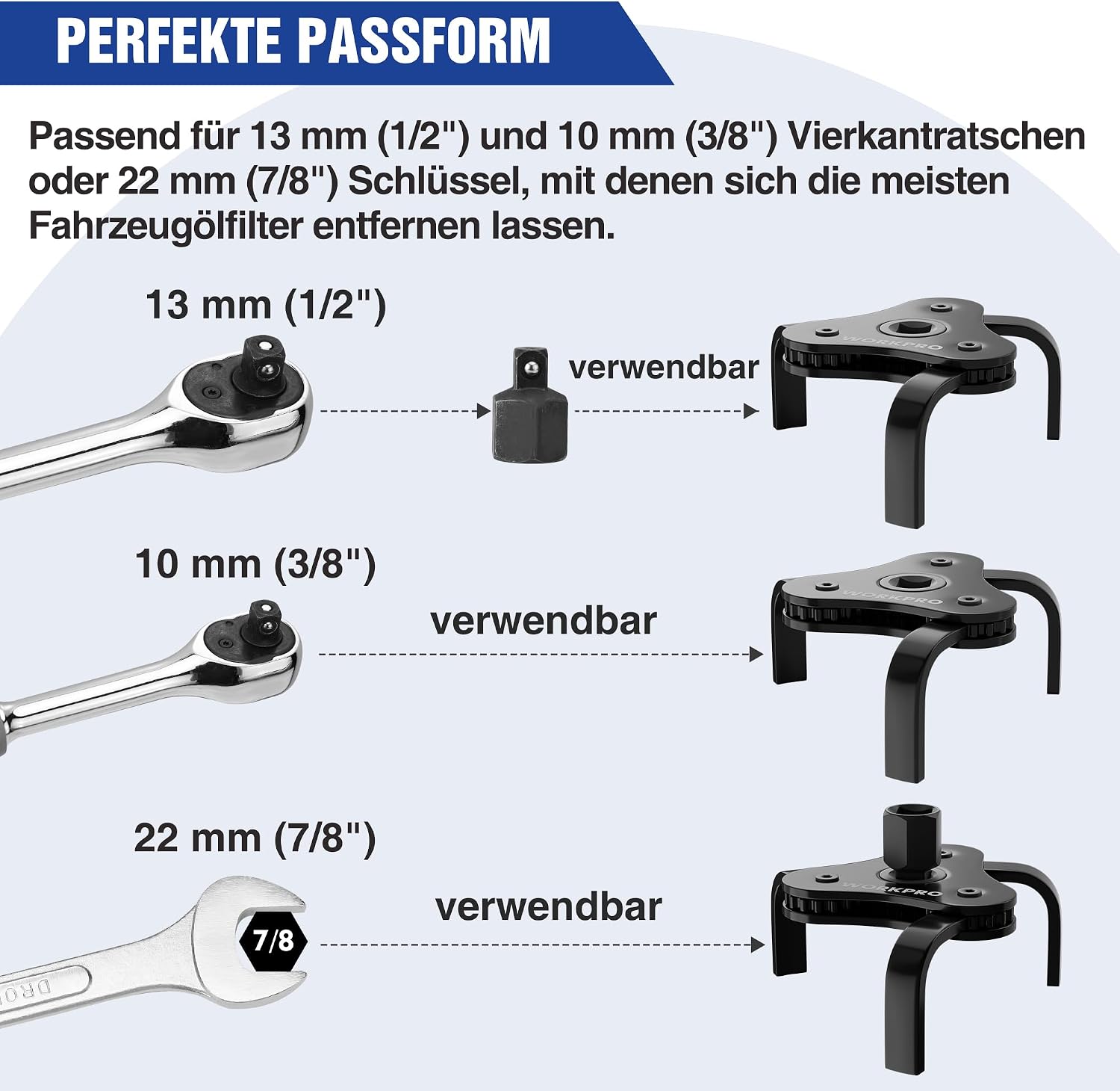 Thumbnail 5 de WORKPRO Ölfilterschlüssel 3-Armig 70–110mm