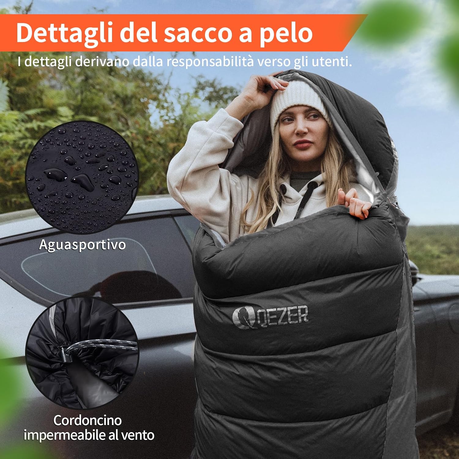 Detalle de QEZER Sacco a pelo ultraleggero in piuma per adulti e bambini, 12°C a -8°C, 1080 g–2140 g (4 stagioni) per campeggio e trekking