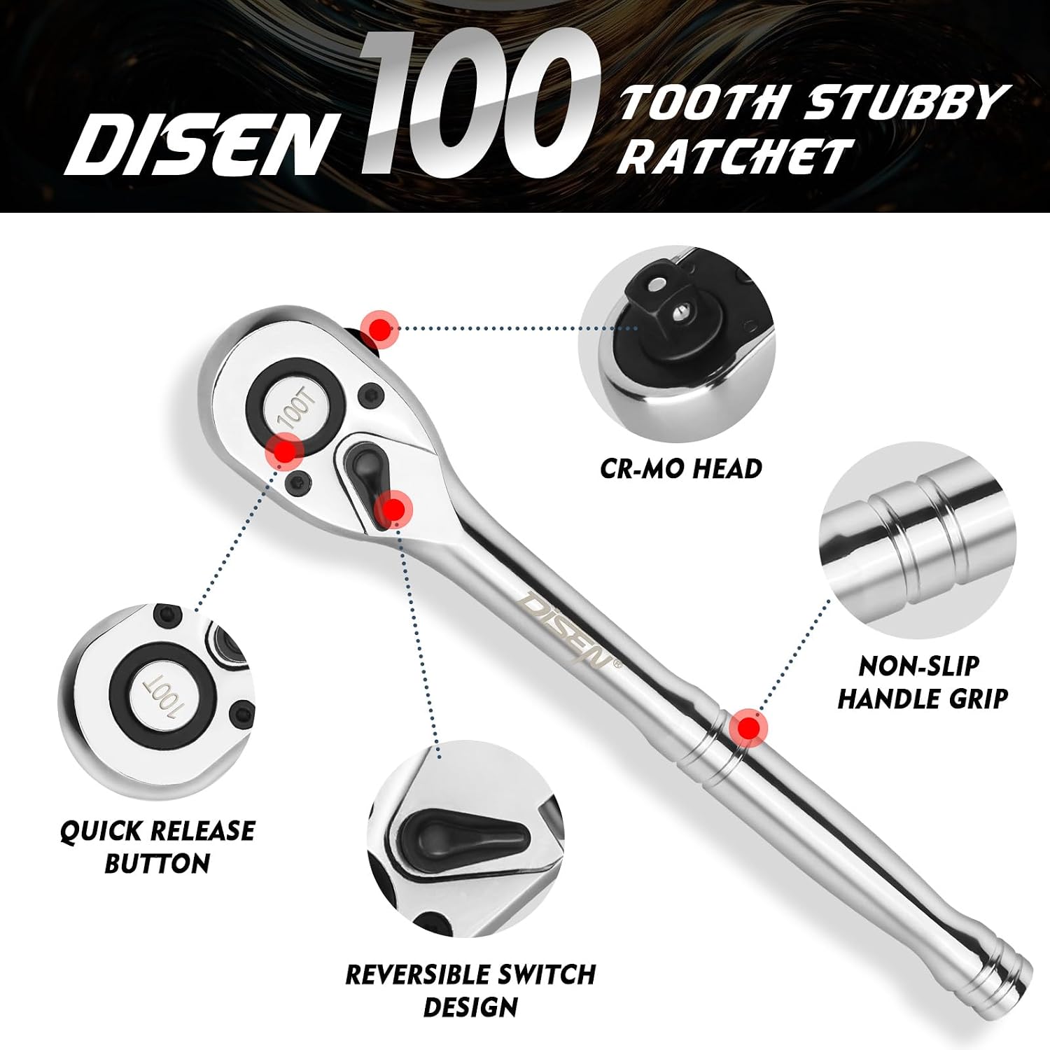 Detalle de DISEN DISEN-3BZGBJLB-100 Ratchet Set, 3 Drive Sizes, 100-Tooth Mechanism