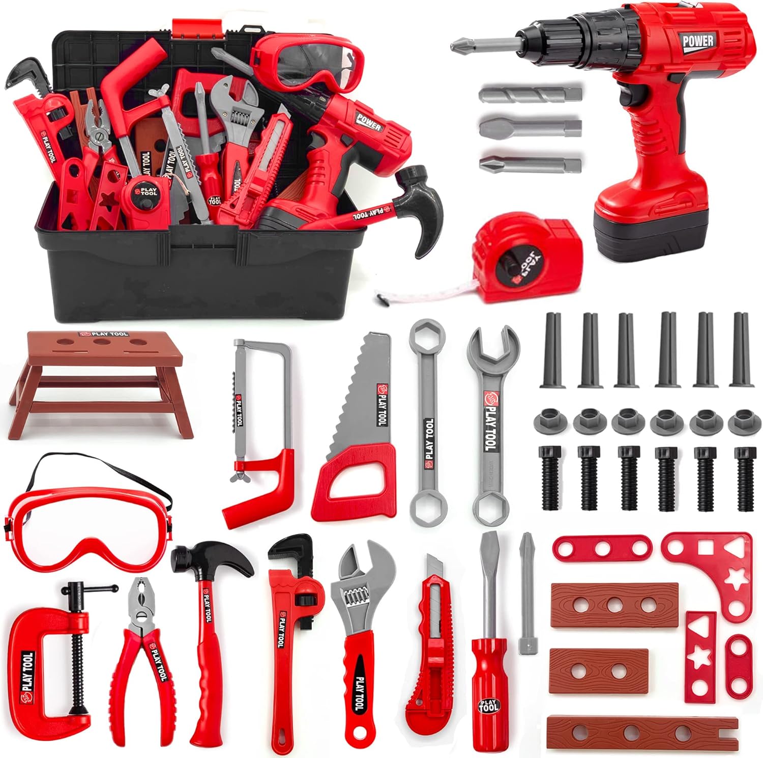 HYRENEE Kids Tool Set (48-Piece) with Electronic Toy Drill & Tool Box