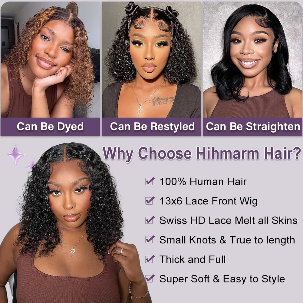 Thumbnail 6 de Hihmarm Curly Bob Wig (13x6 HD Lace) 100% Human Hair Deep Wave, Glueless Short Bob Wig, 14 Inch