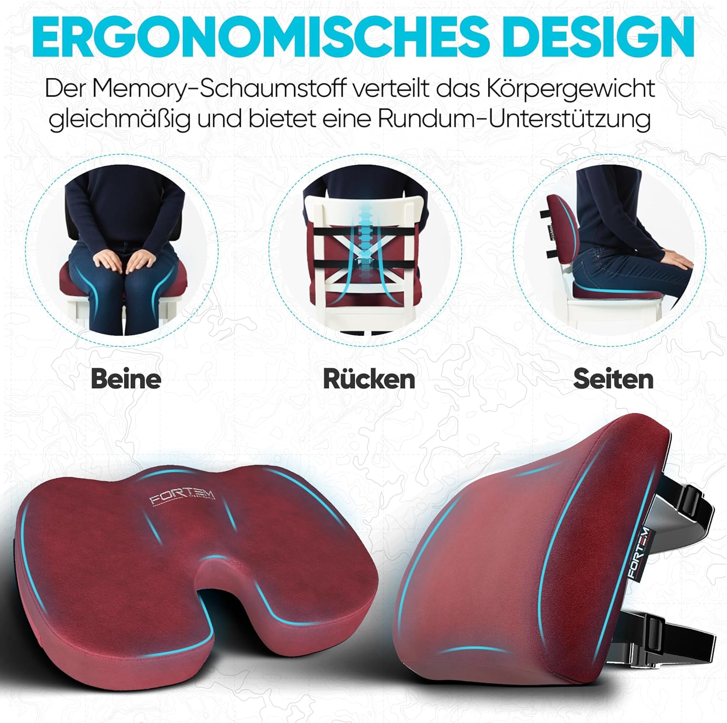 Thumbnail 5 de FORTEM Sitzkissen und Lendenkissen für Bürostuhl – Memory-Schaum Rückenkissen mit rutschfester Unterseite