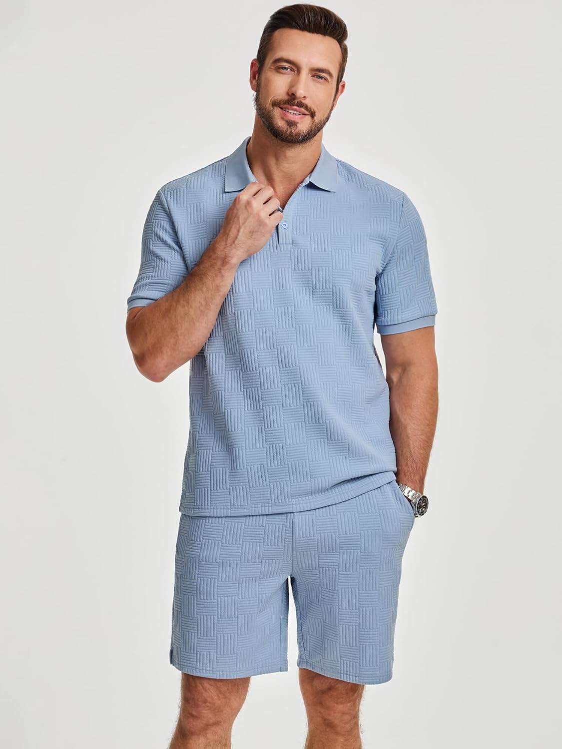 Detalle de JMIERR Jogginganzug Herren Set – 2-teiliges Sommer-Trainingsoutfit aus Elasthan-Polyester, Polo-Shirt & kurze Hose