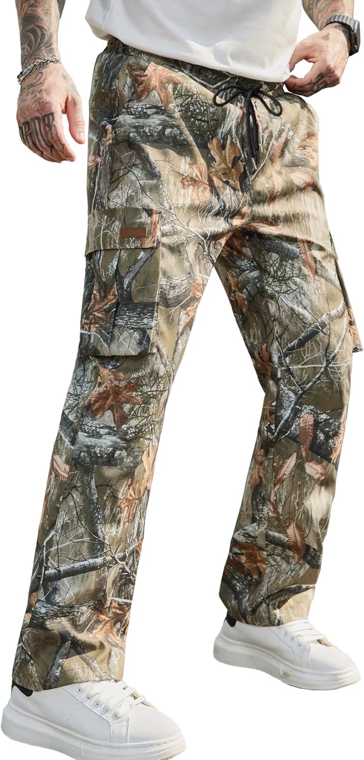 Detalle de PLEPAN Men’s Casual Cargo Pants with Drawstring Waist, Pockets & Relaxed Straight Fit