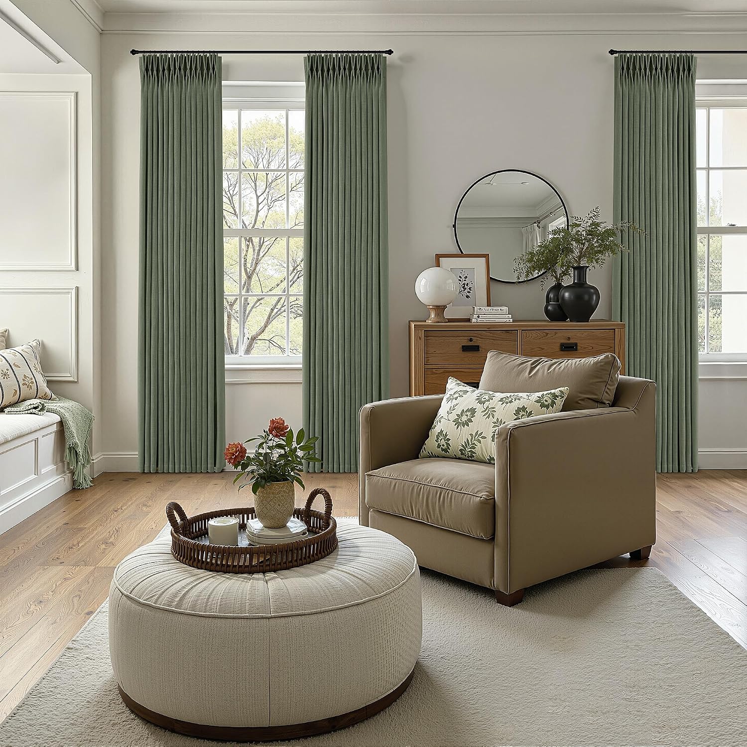 Thumbnail 3 de COMON HOME Sage Green Pinch Pleated Linen Curtain (102 Inches) with Rings, Hooks, Clips, Back Tab – Light Filtering, Boho Farmhouse Style