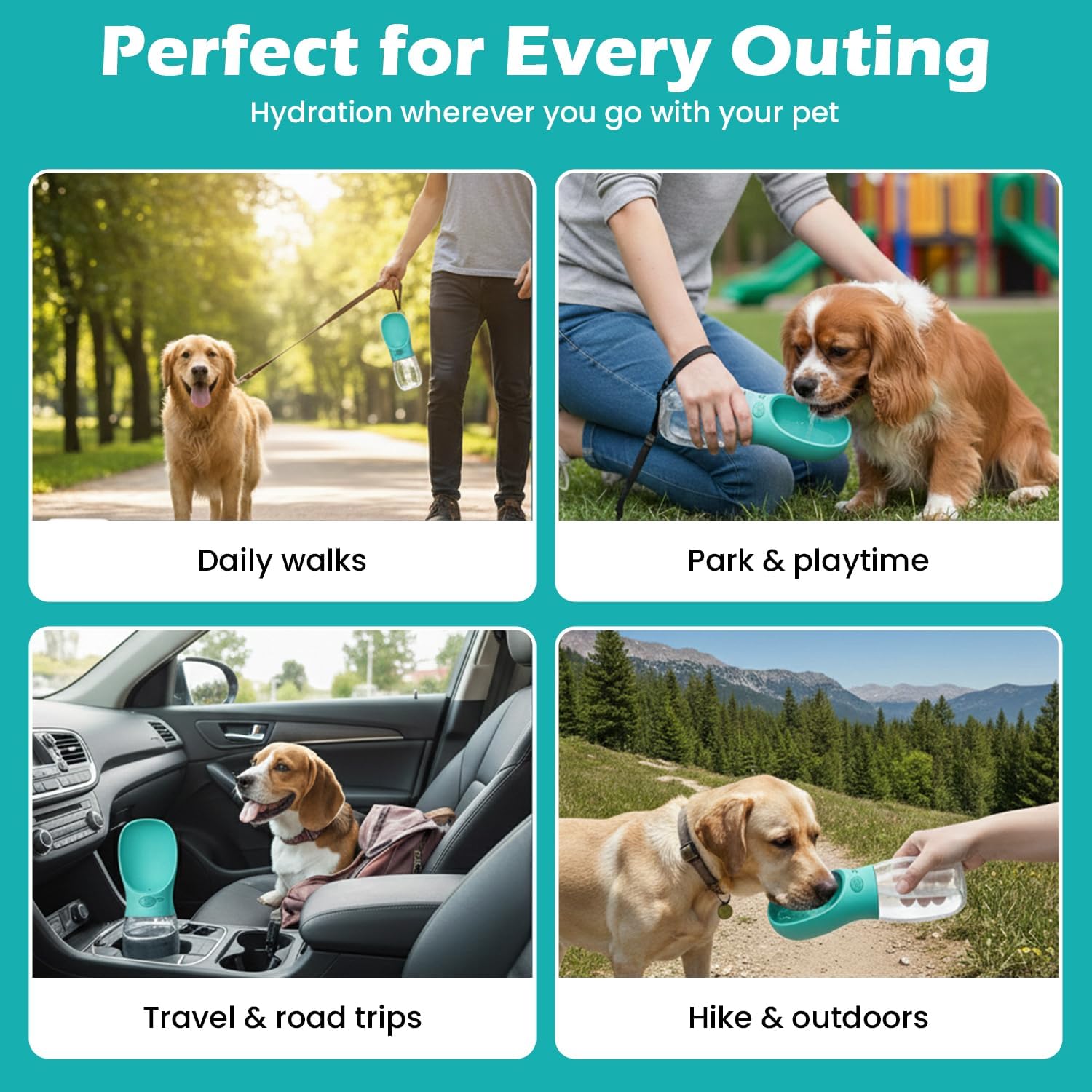 Detalle de AHIZ Portable Dog Water Bottle 350ml – One-Hand Press with Leak-Resistant Design