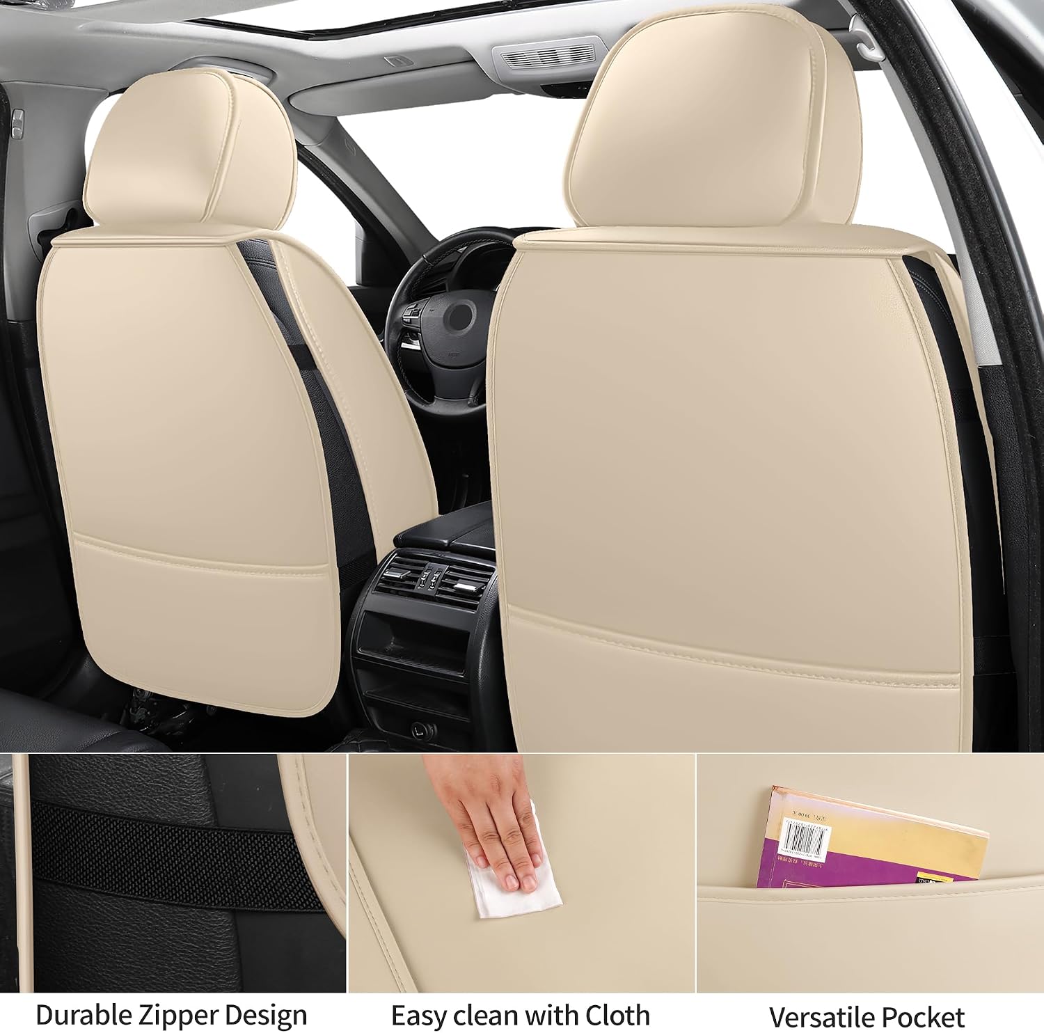 Detalle 2 de ZenRide Light Beige Thick Nappa Leather Car Seat Covers Full Set — Universal Fit, 3D Contoured, Waterproof