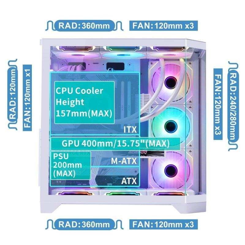 Detalle de ProGaming Banshee Blanco: Caja PC Cube Tower ATX con 7 Ventiladores ARGB Reverse