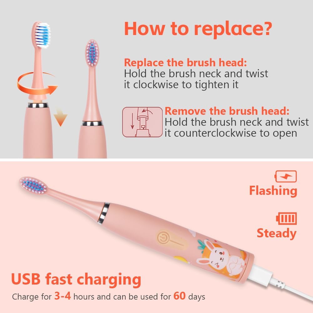 Detalle de Vicloon Kids Electric Toothbrush (Pink) – 6 Replaceable Heads, 4 Modes, 18000 Strokes, IPX6, 2-Minute Timer