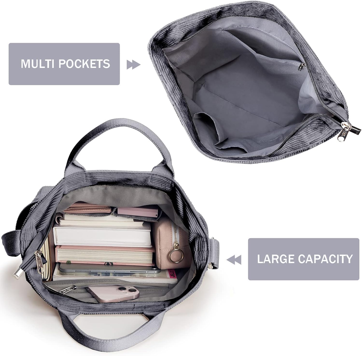 Thumbnail 4 de KALIDI Damen Handtasche Canvas Shopper aus Cord – Shopper Schulter- & Umhängetasche für Alltag, Schule und Einkäufe