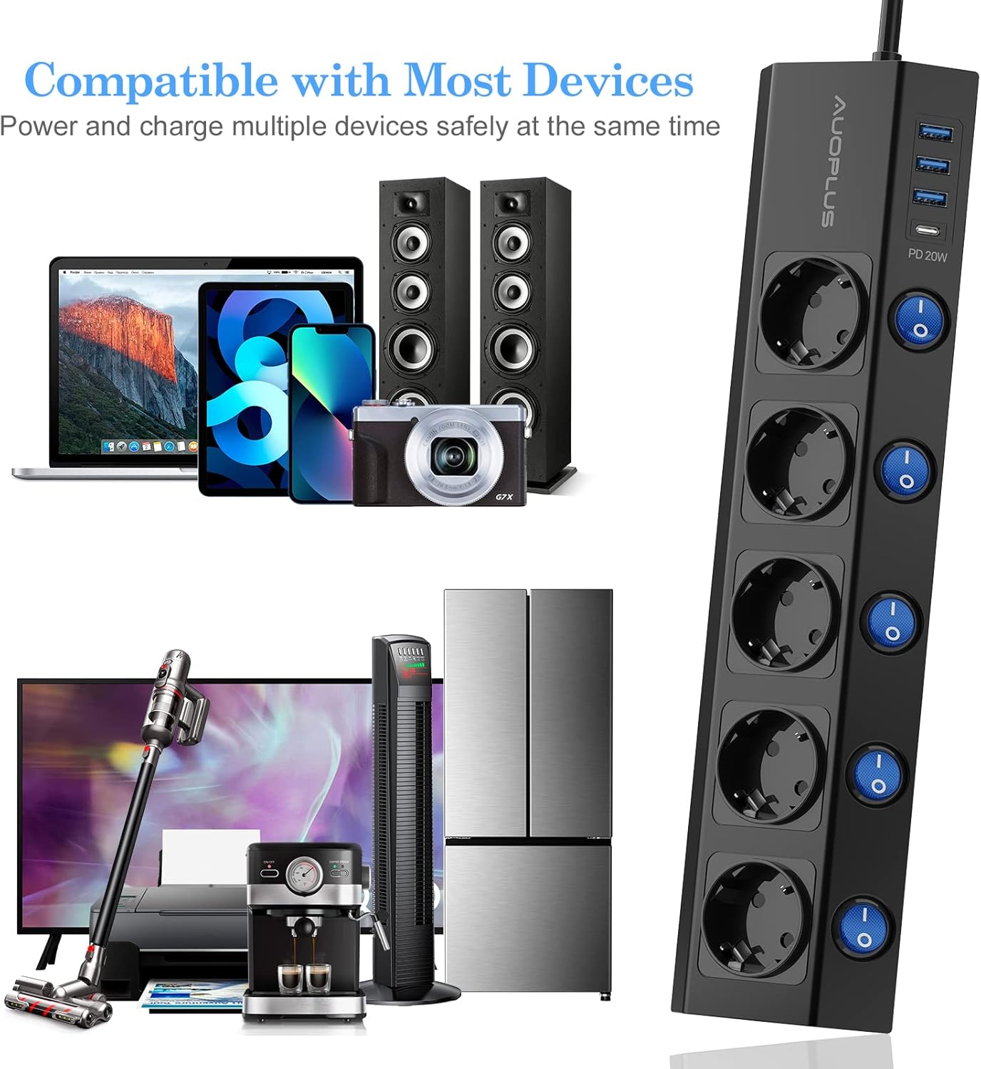 Thumbnail 6 de AUOPLUS Steckdosenleiste Einzeln Schaltbar – 5 Steckdosen, USB-C PD 20W, 2 m Kabel, Wandmontage, Überspannungsschutz